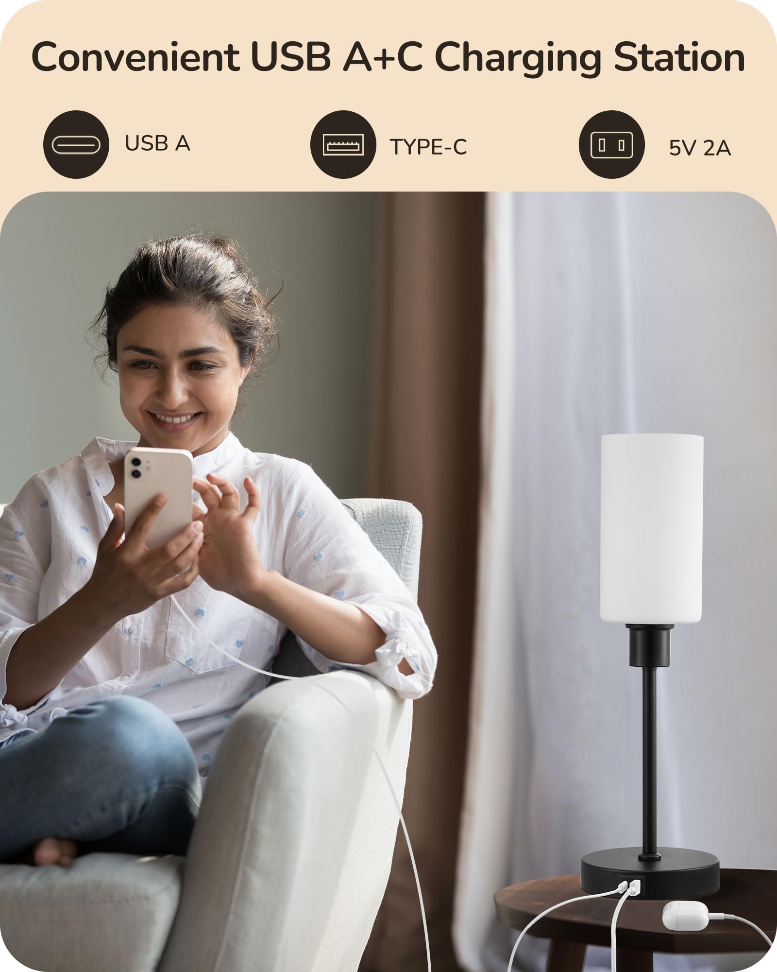 EDISHINE 19 Glass Table Lamp with Full Body Touch Control, Modern Bedside Lamp, 3-Stage Dimmable & USB-A+Type-C Charging Ports,