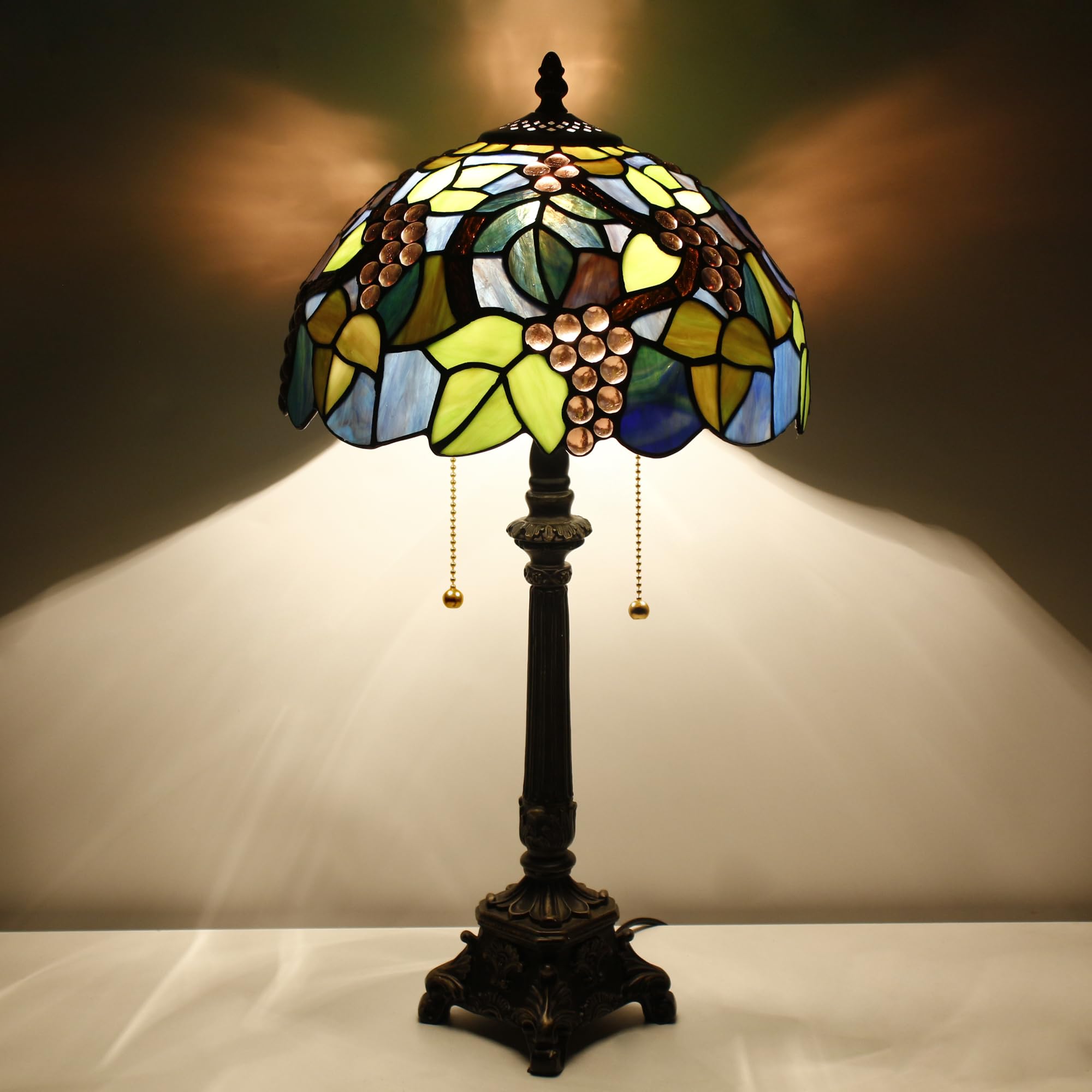 L-Juicwe Tiffany Lamp Stained Glass Table Lamp 12x12x21 Inches Purple Grape Style Bedside Reading Light for Bedroom Living Room 