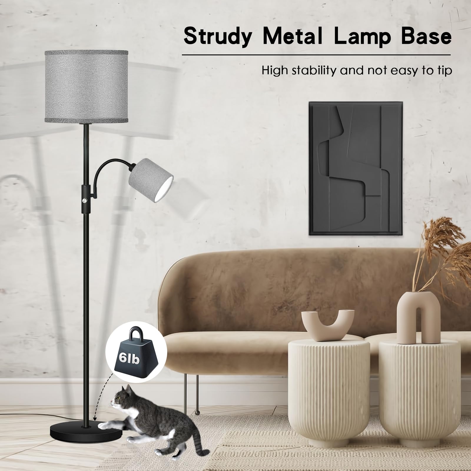 Auquee Floor Lamp Standing Lamp, Modern Living Room Lamp With Reading Lamp, Bright Boho Lamp With Grey Lamp Shade, 3-Way Rotary