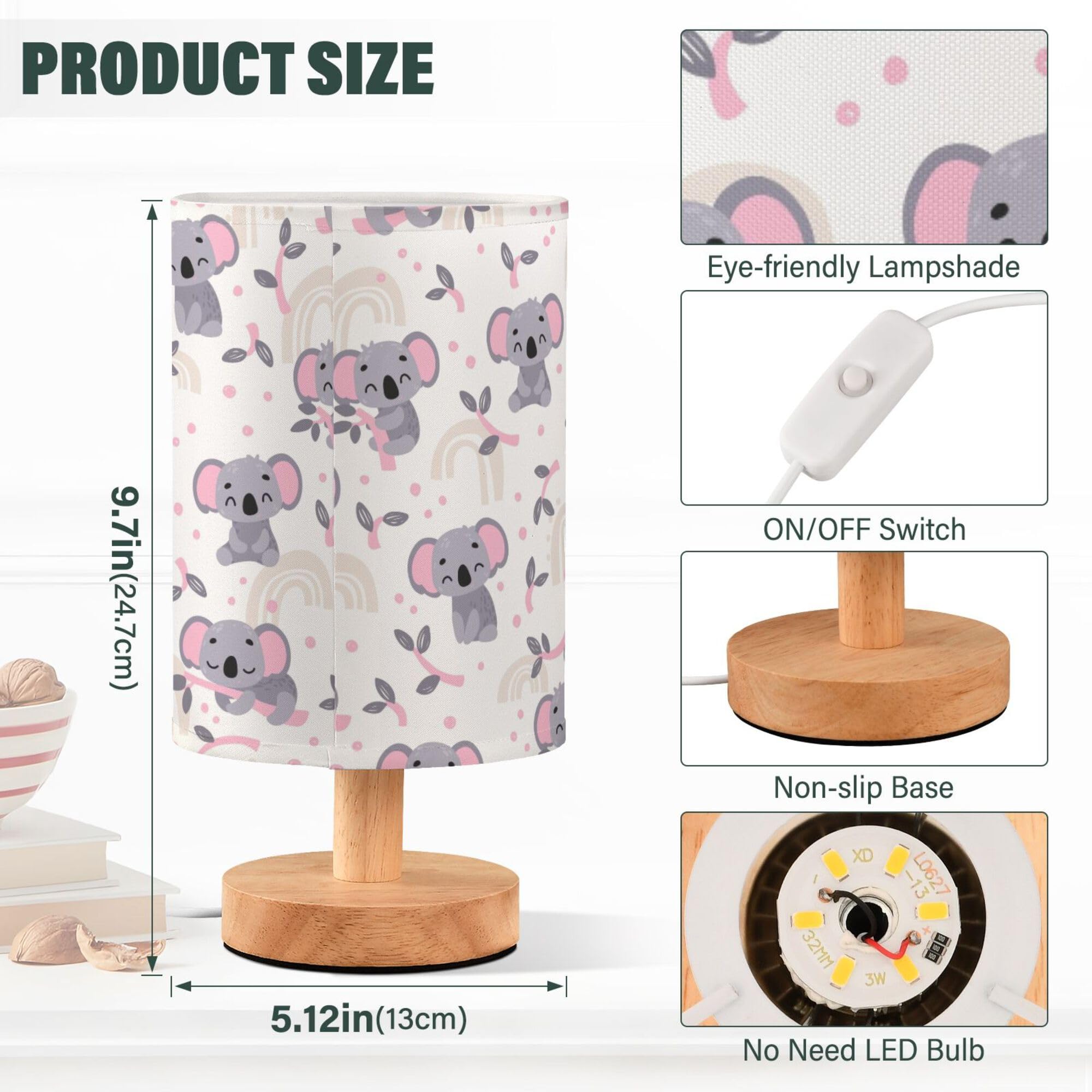 Yyzzh Table Lamp Cute Koala Eucalyptus Branch Scandinavian Pattern Nightstand Lamp With Wood Base Fabric Lamp Shade Bedside Desk