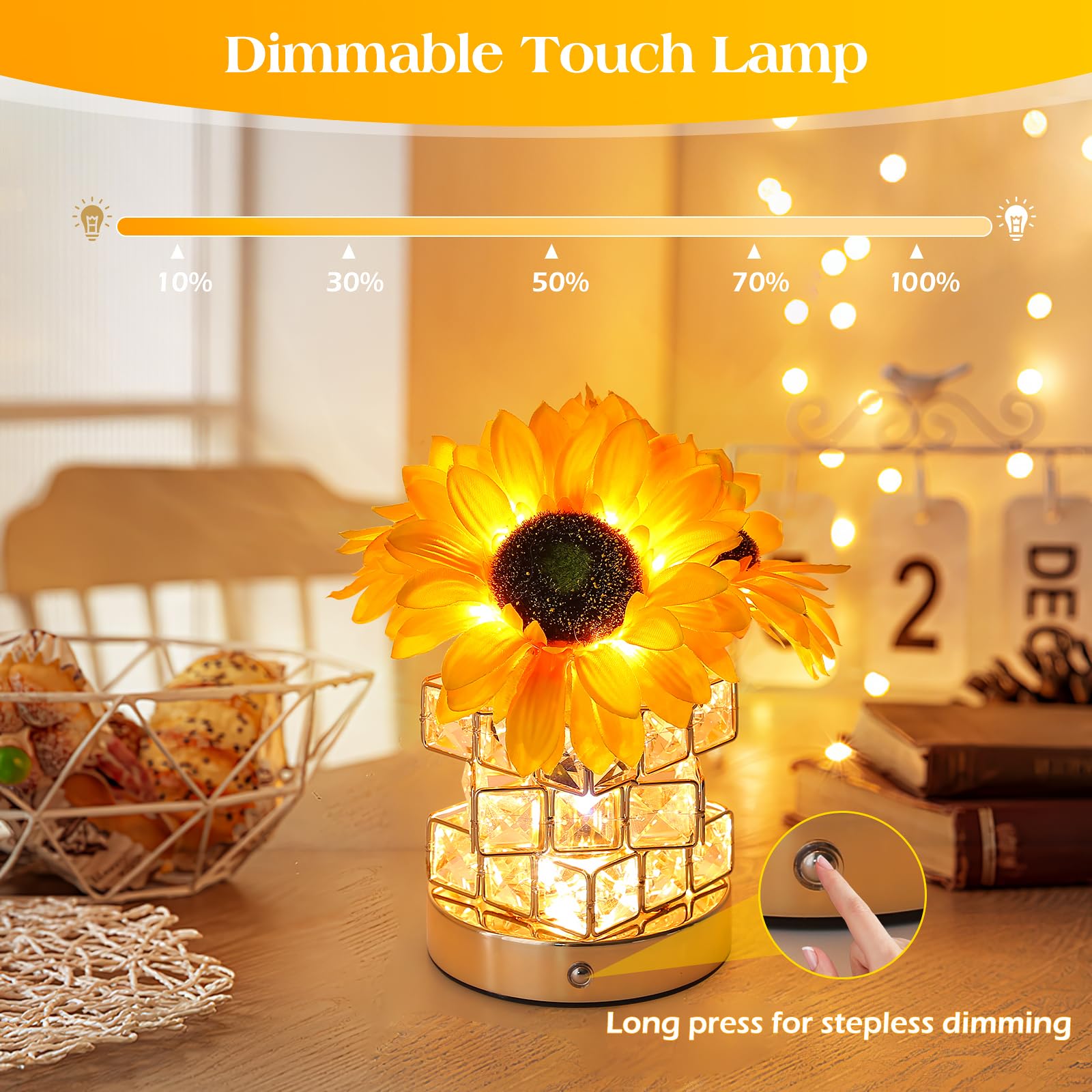Sunflowers Flower Lamp,Rechargeable Cordless Touch Table Lamp,3-Colour Infinitely Dimming Battery Powered Small Night Light,Fest
