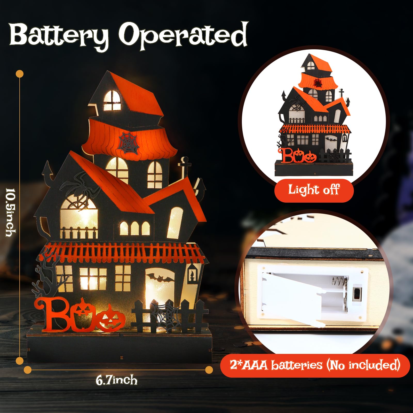 Halloween Decorations Indoor Haunted House Lights, Wooden Halloween Tabletop Decoration For Home, Battery Operated Light Up Halloween Decor For Desk Table Fireplace Room Halloween Party Decoration