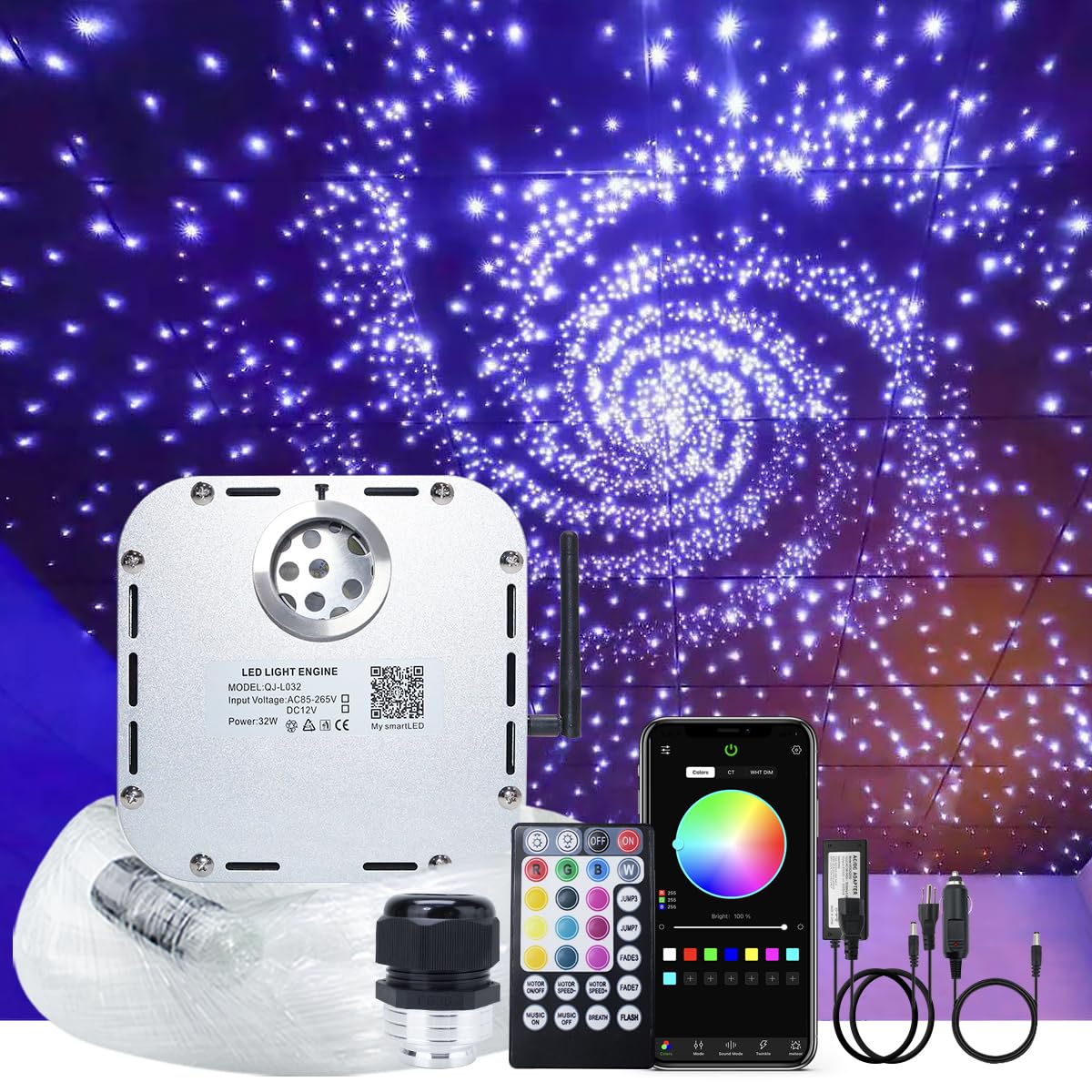 AKEPO 32W APP Twinkle Fiber Optic Lights Kit Music Activated RGBW Star Headliner Kit, 1200pcs 16.4ft/5m 0.03in/0.75mm Optical Fi
