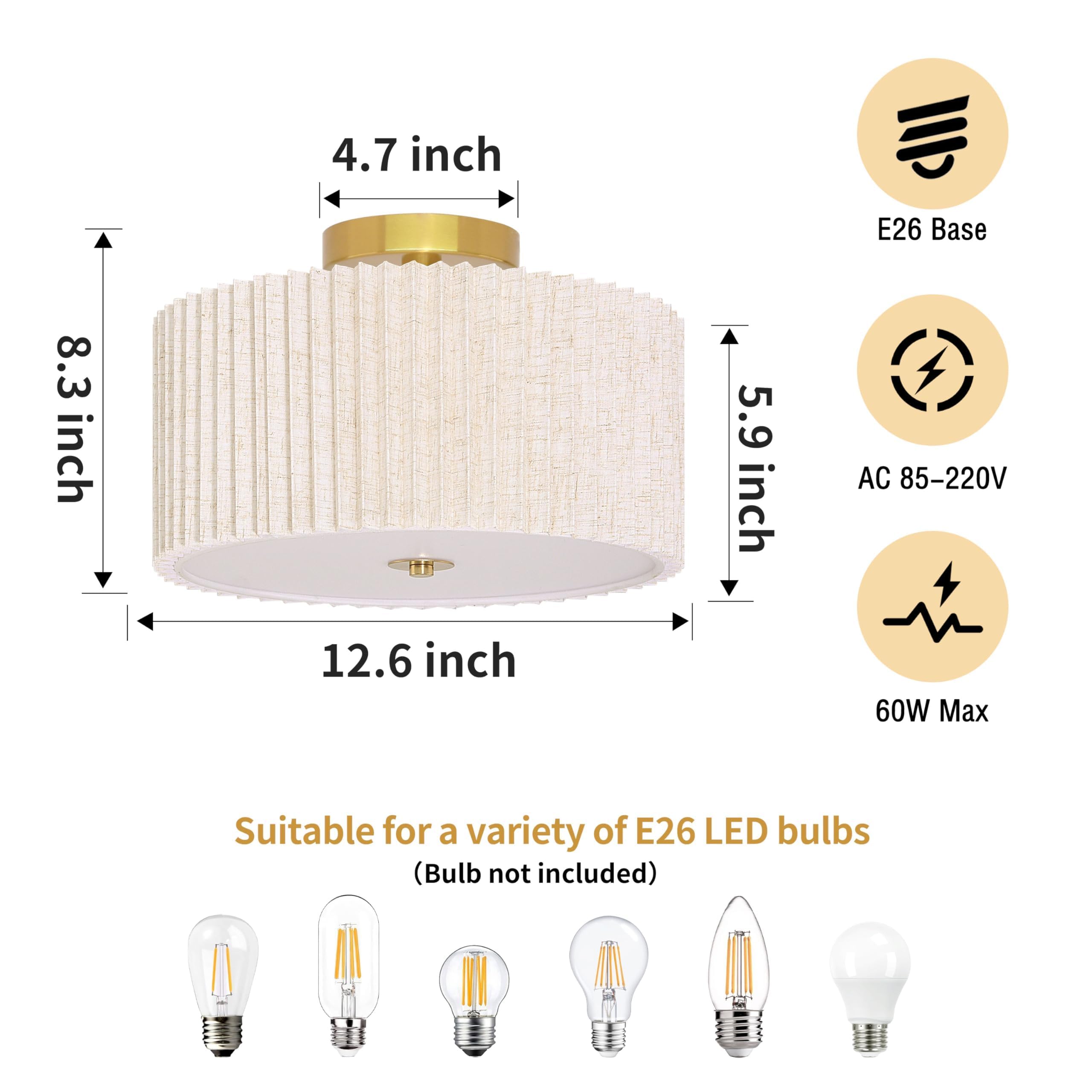 2 Light Semi Flush Mount Ceiling Light Fixture 12.6 Inch Modern Gold Drum Ceiling Light Fixture With Pleated Fabric Shade Dimmab