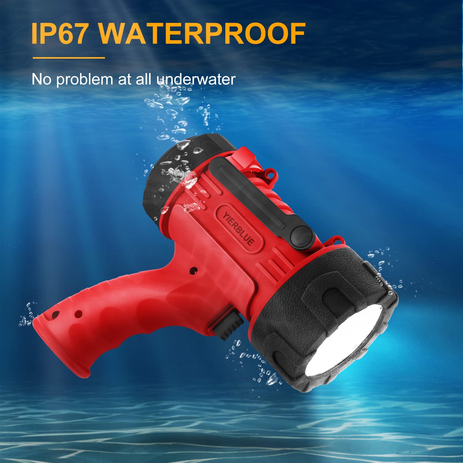 YIERBLUE Rechargeable Spotlight Flashlight 300000 Lumen LED, IP67 Waterproof, Model YBN-20000R, Red-Pro, Impact Resistant