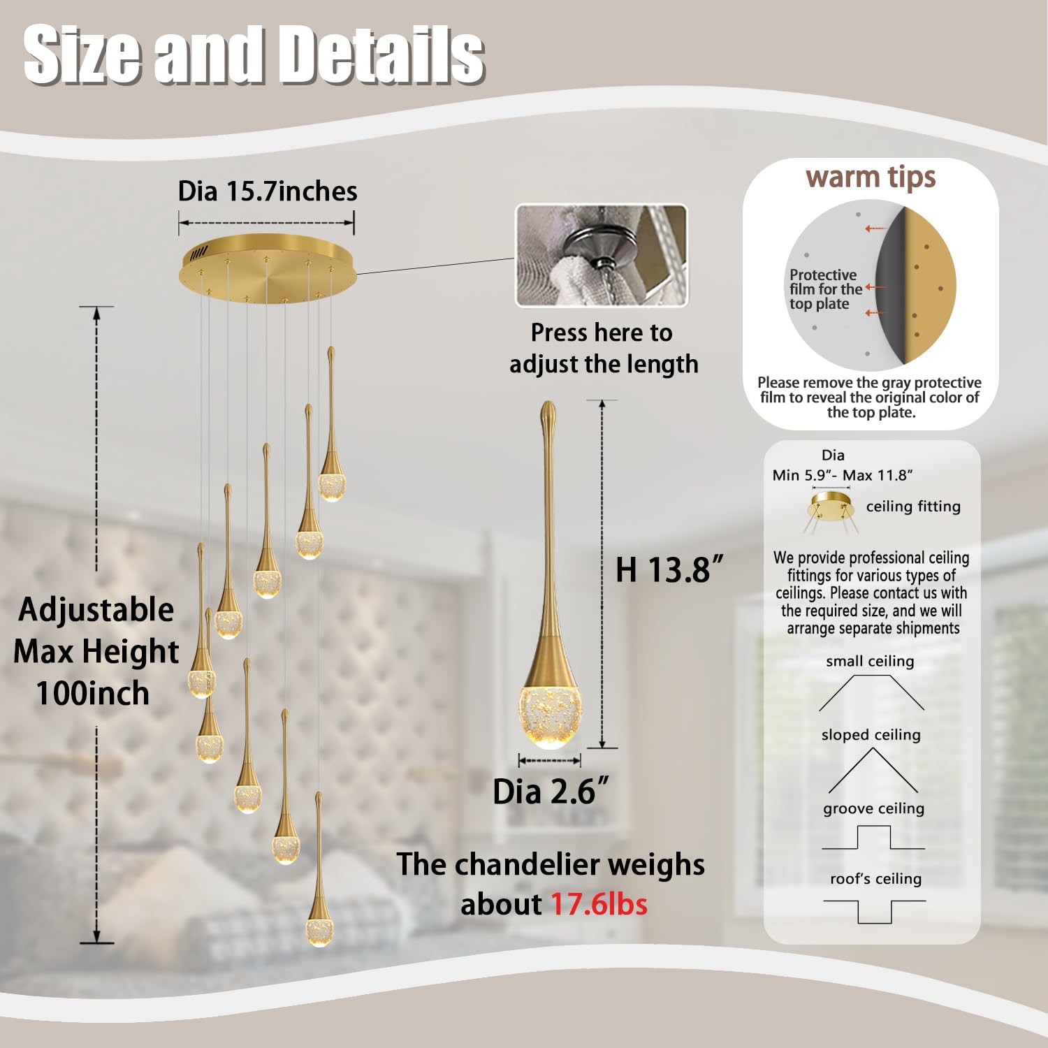 Ykolupty H100'' Modern Chandelier 9-Lights Gold Foyer Entrance Chandeliers High Ceiling Chandelier Led Dimmable 2700-6000K Fixtures
