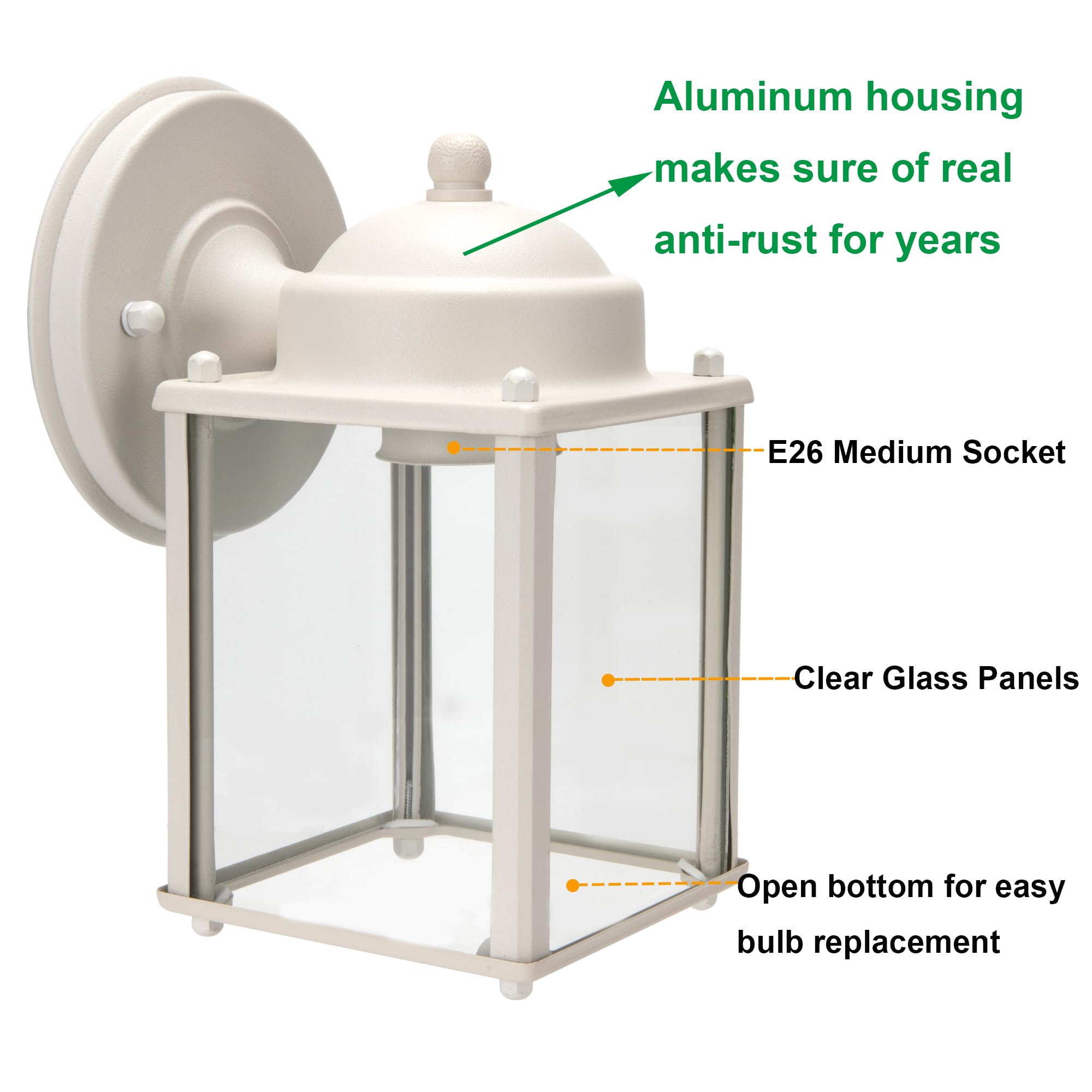 LIT-PaTH Outdoor Wall Lantern Sconce, Aluminum, E26 Base, White Finish, 2-Pack, Model LT-WL017-WT-2PK