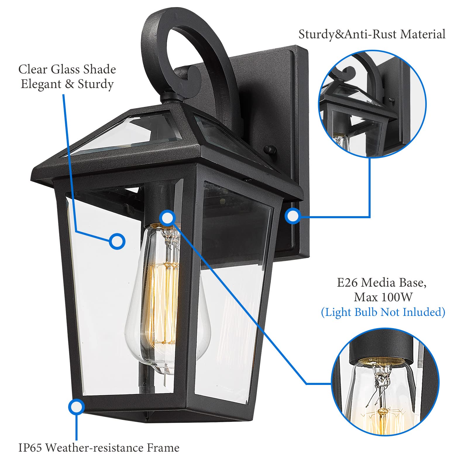 Luminzone Waterproof Outdoor Wall Lanterns - Black Glass Sconces (Small, 2 Pack)