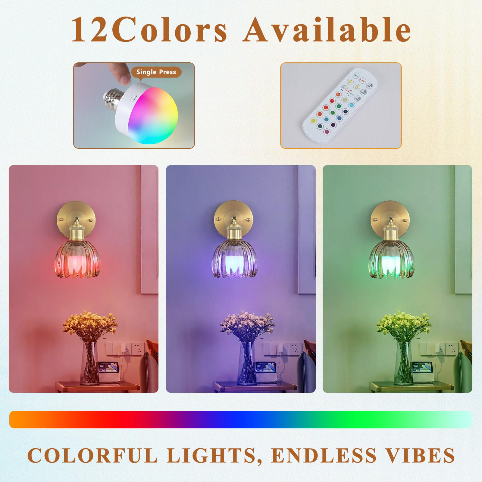 Vintage Battery Operated Wireless Wall Sconces, Rechargeable Gold Wall Lights, Amber Tulip Glass Lampshade With Remote Dimmable