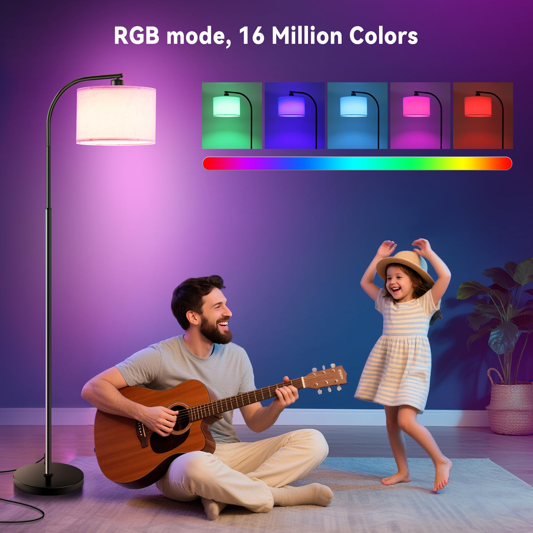 KQW Floor Lamp - Dimmable Tall Standing Light with Remote, 65" Fabric Shade, Smart RGB Bulb, Black, Model TJ-FL2006-BK04
