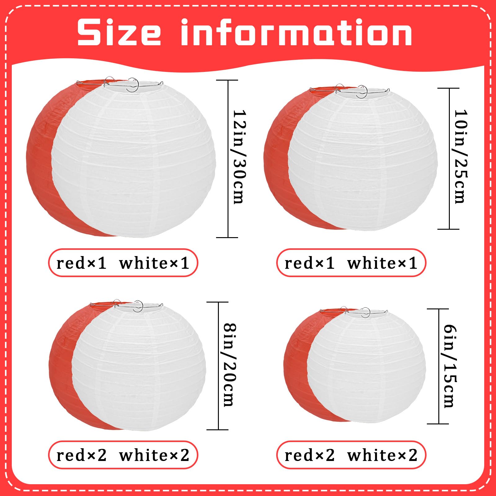 Peywot 12Pcs Round Paper Lanterns, Assorted Sizes 6in-12in, White and Red, for Home Decor, Weddings, and Parties, Model DL-B12-HB