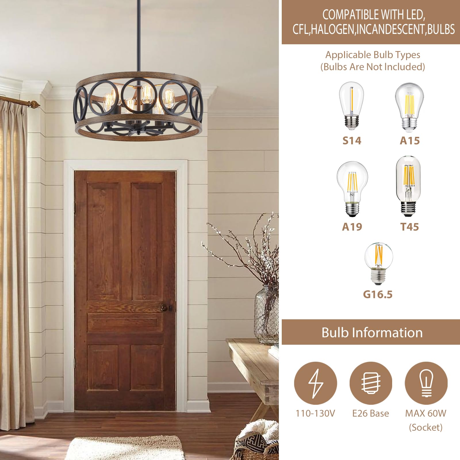 Peskoe Chandeliers For Dining Room, 19.7'' Farmhouse Modern Black And Wood Grain Metal Pendant Light, Drum Rustic Living Room Be