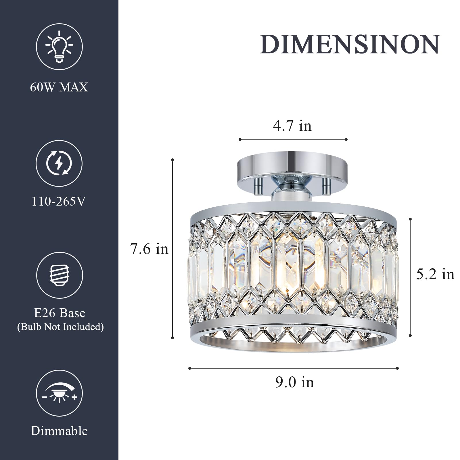 Pevfah Crystal Chrome Ceiling Light, Modern Semi Flush Mount, 9 Inch, 1-Light, Model SJ250521001