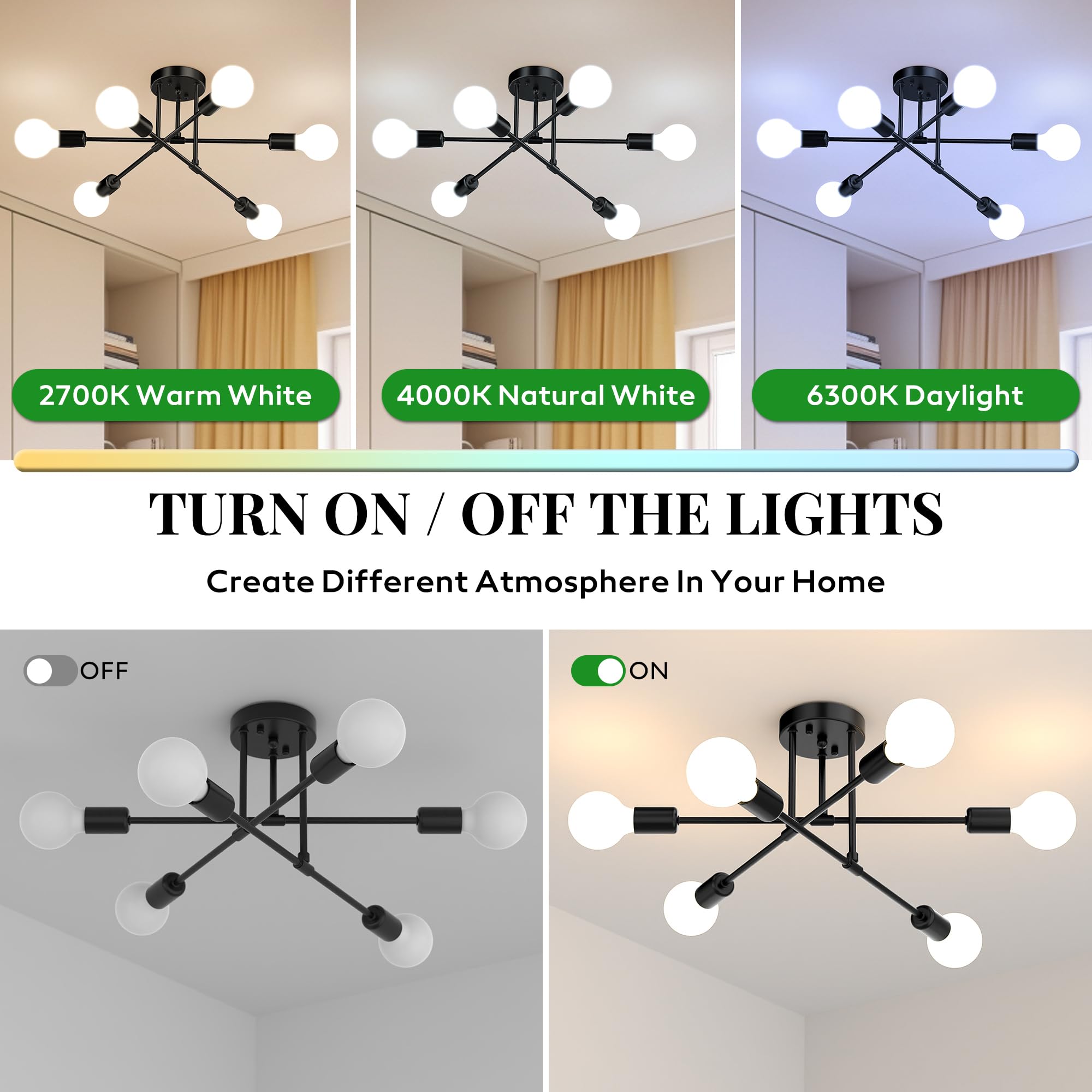 Phaosio Modern Sputnik Chandelier, 6-Light Semi Flush Mount, Matte Black, Model POSI01 for Dining Room, Bedroom, Living Room
