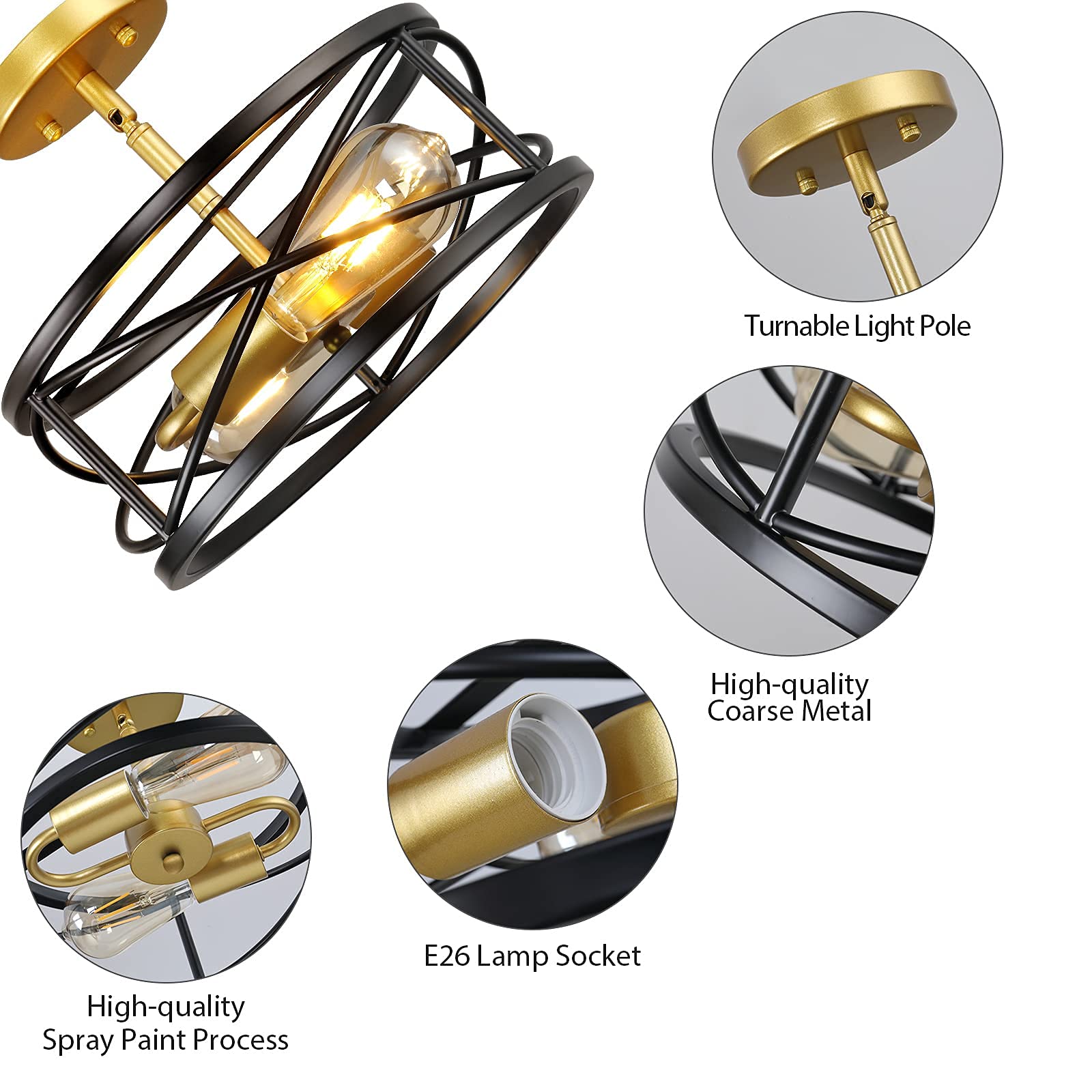 Karjearl 2-Light Semi Flush Mount Ceiling Light, Iron, Small, Black and Gold, Model LT05-BG-2SFC, Modern Farmhouse Industrial Design