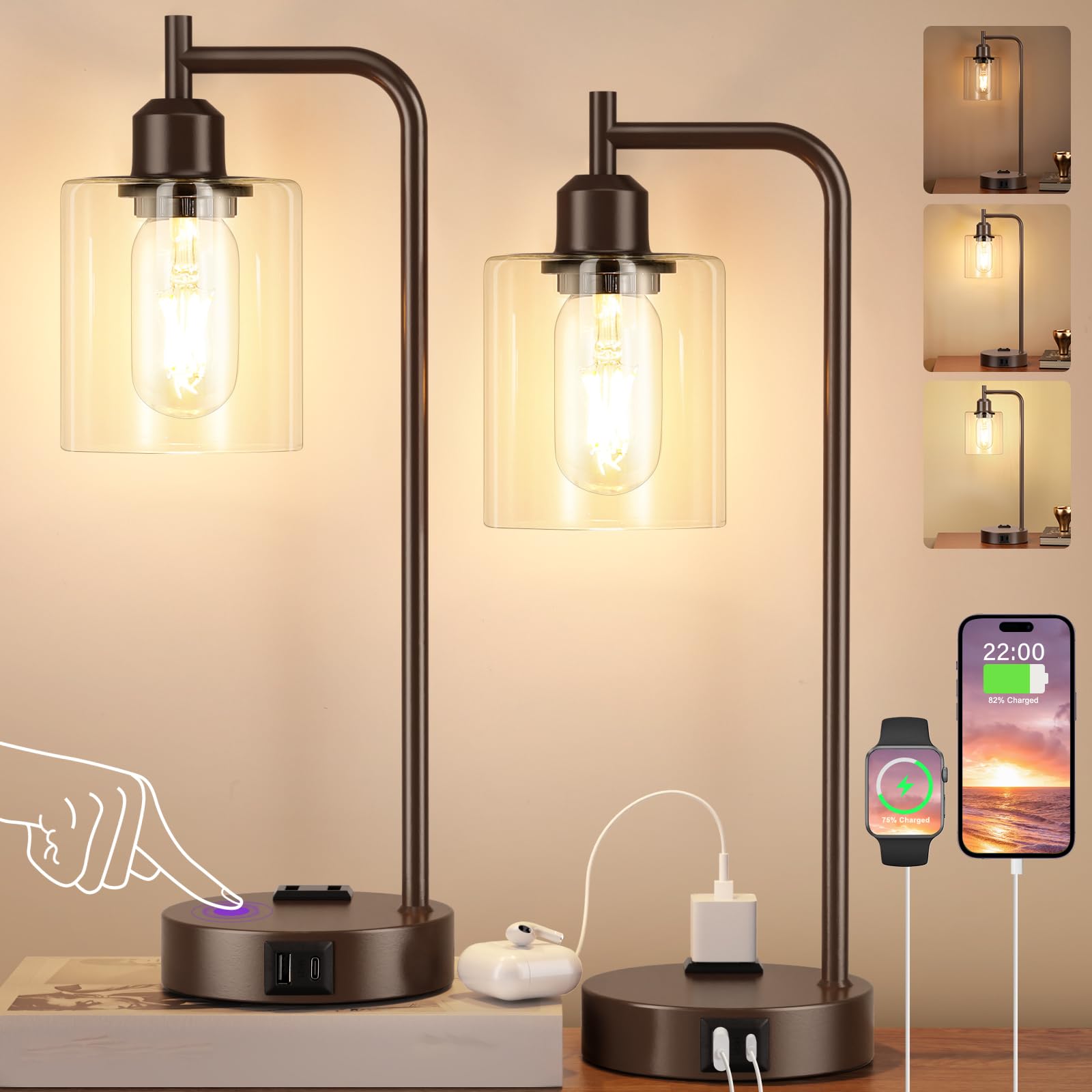 Innqoo Industrial Touch Table Lamps for Bedrooms Set of 2-3-Way Dimmable Lamps with USB C+A Ports and Outlet, Brown Bedside Lamps with Clear Glass Shade for Living Room, Desk Lamps for Home Office