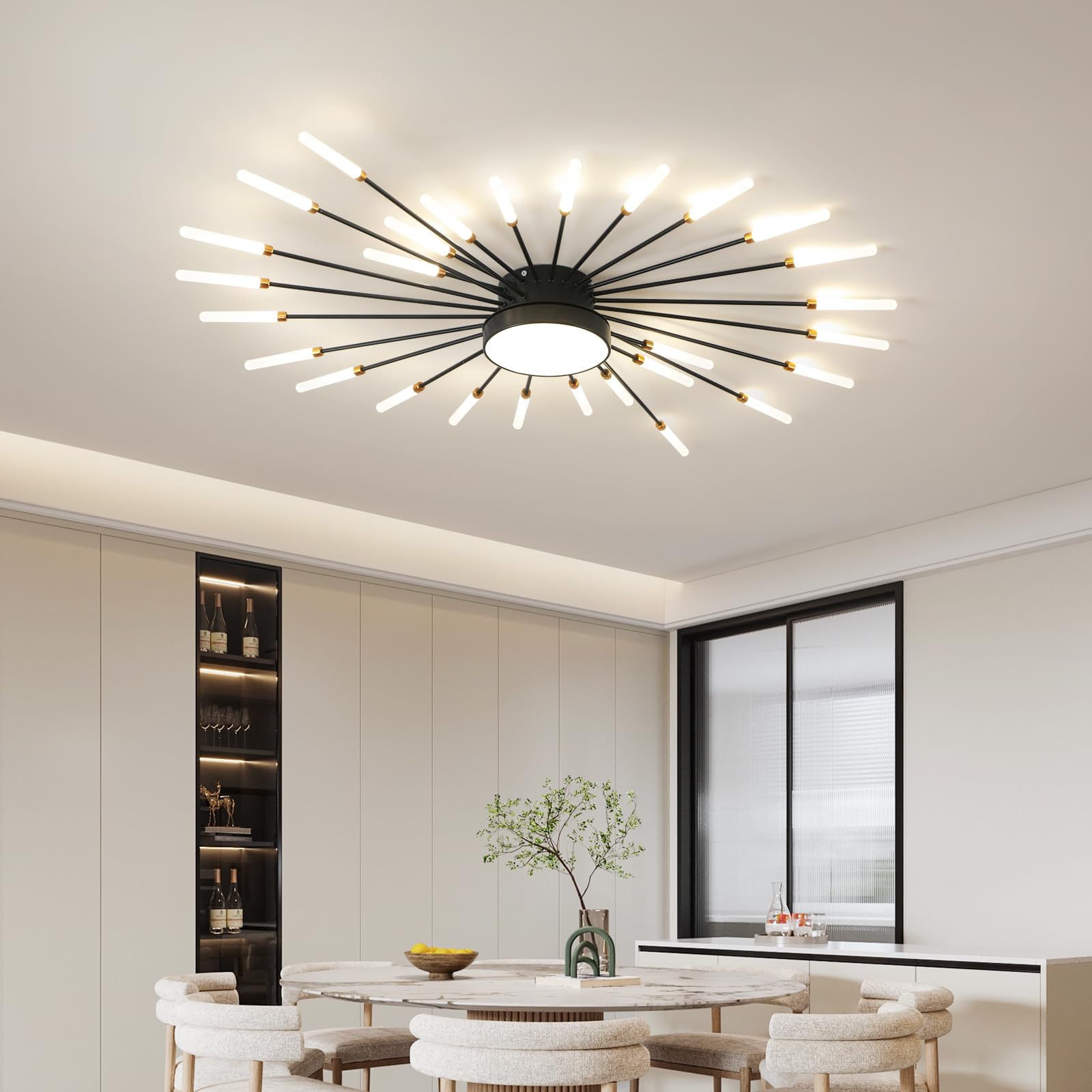 Ziidoo Modern Ceiling Light  28+1 Lights Metal Firework Designed Chic Led Lighting Fixture For Farmhouse Kitchen Dining Room Bedroom Hallway Living Room (Black)