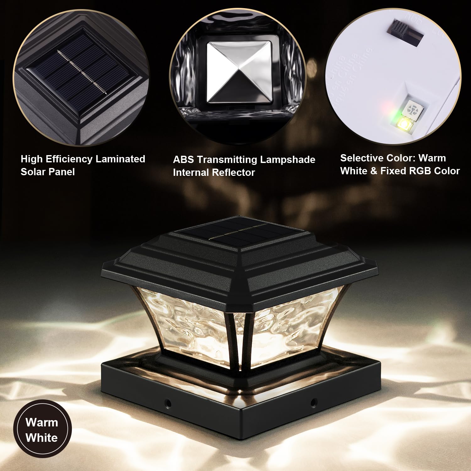 AEFRELEOHT Solar Post Cap Lights, 20 Lumens, Warm White/RGB, 6 Pack, Black, Model SL1880, Fits 3.6x3.6