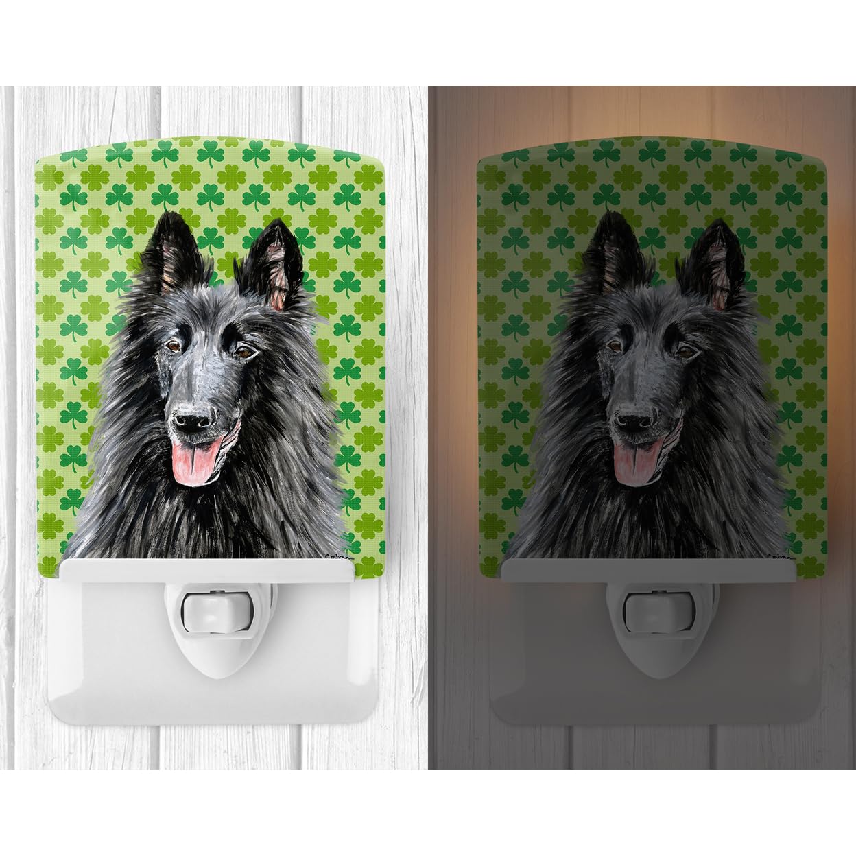 Carolines Treasures Ceramic Night Light, Belgian Sheepdog Shamrock, 6x4x3 inches, Multicolor, Model SC9318CNL