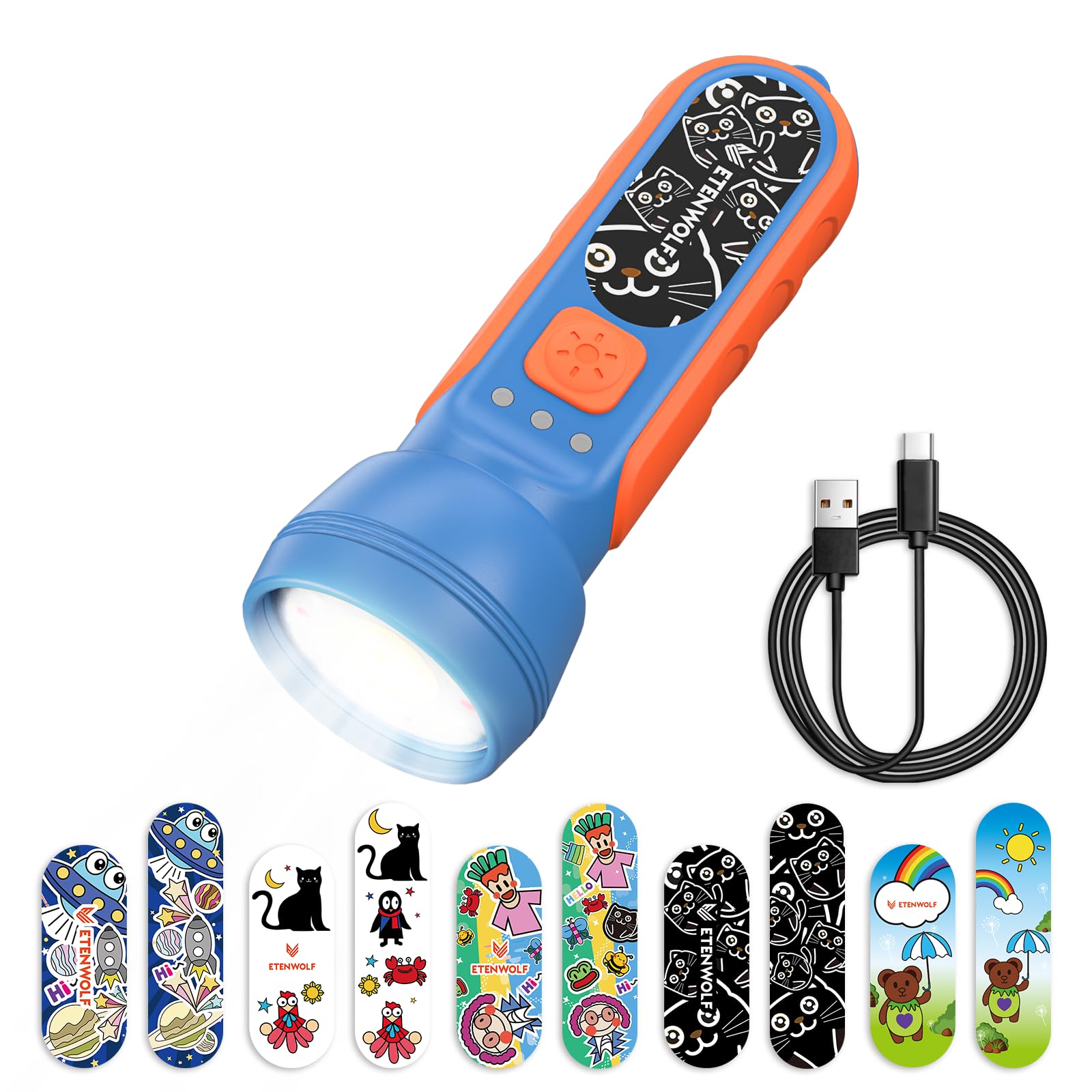 ETENWOLF L1 Rechargeable Flashlight for Kids LED Flashlight with Fun DIY Stickers  6 Light Modes  Adjustable Brightness  1500mAh Battery  IPX5 Waterproof Flashlight for Camping  Home & Emergency