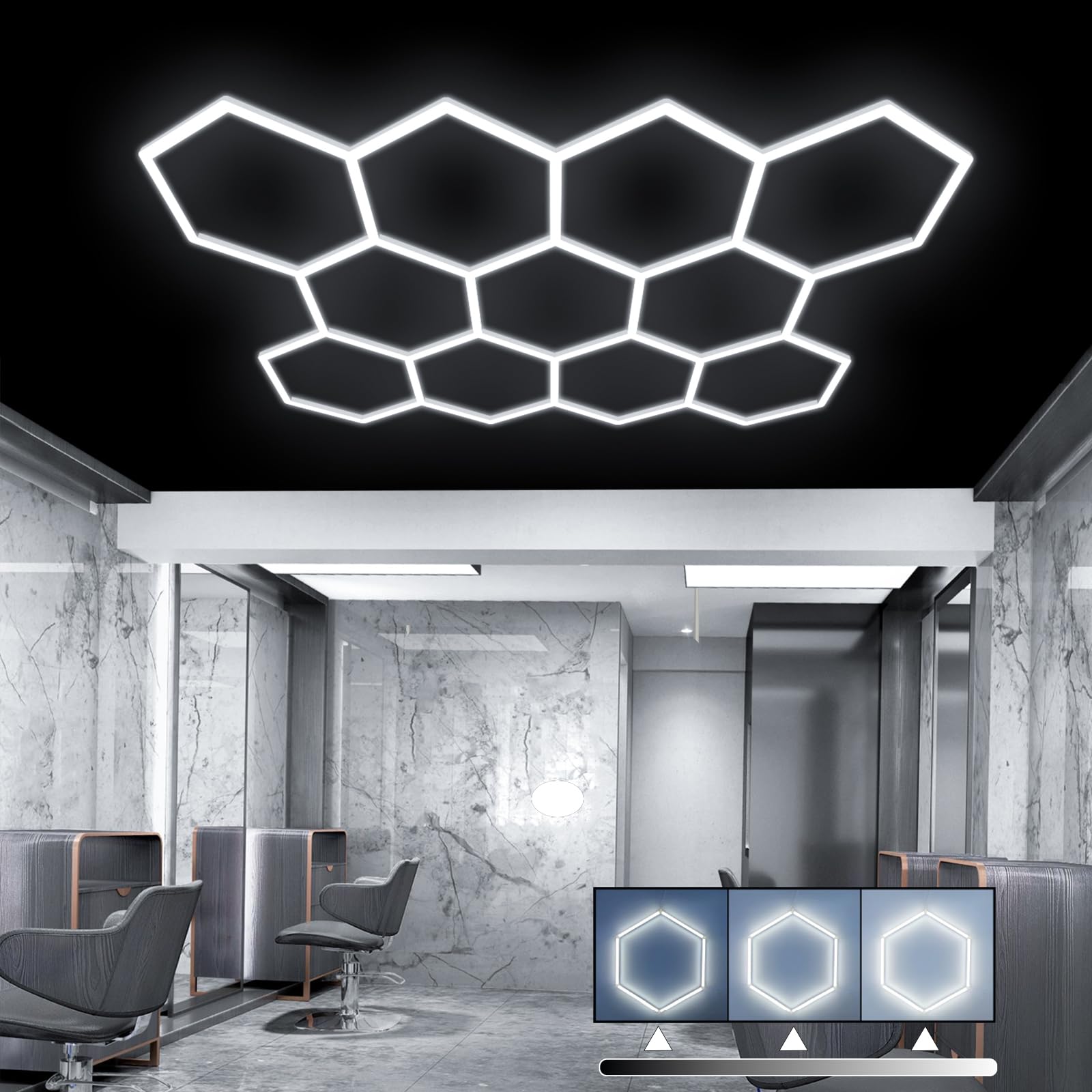 cezelux Dimmable Hexagon Garage Lights: Upgraded 3 Level Dimmable 46 Pack 11 Ceiling Honeycomb Hexagon LED Lights 6500K for Garage Basement Warehouse Auto Beauty Shop Car Detailing Shop etc.