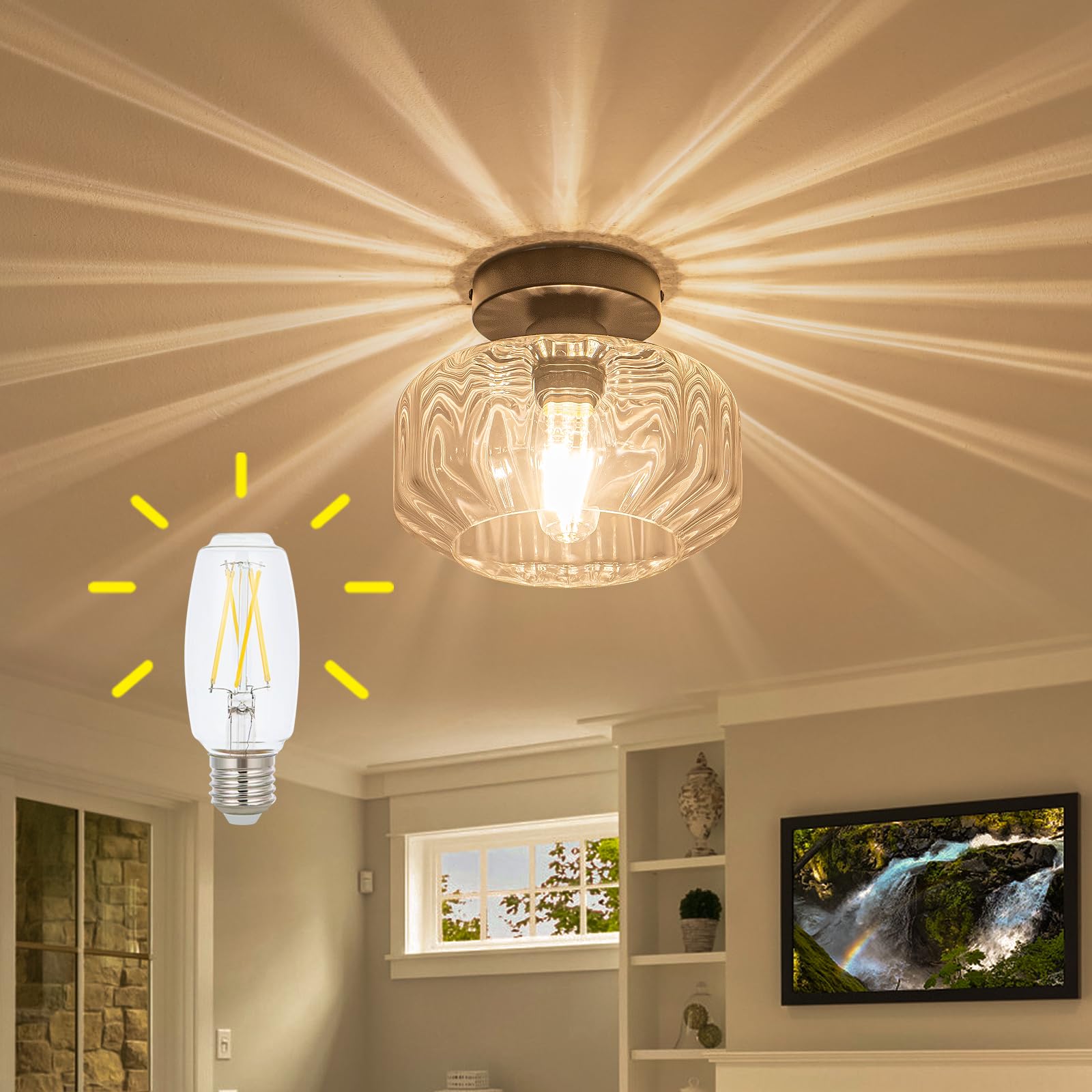 Tbaoinla Stylish semi Flush Mount Ceiling Light with Retro Charm Hexagonal Diamond Textured Glass Shade Black Base Includes LED 