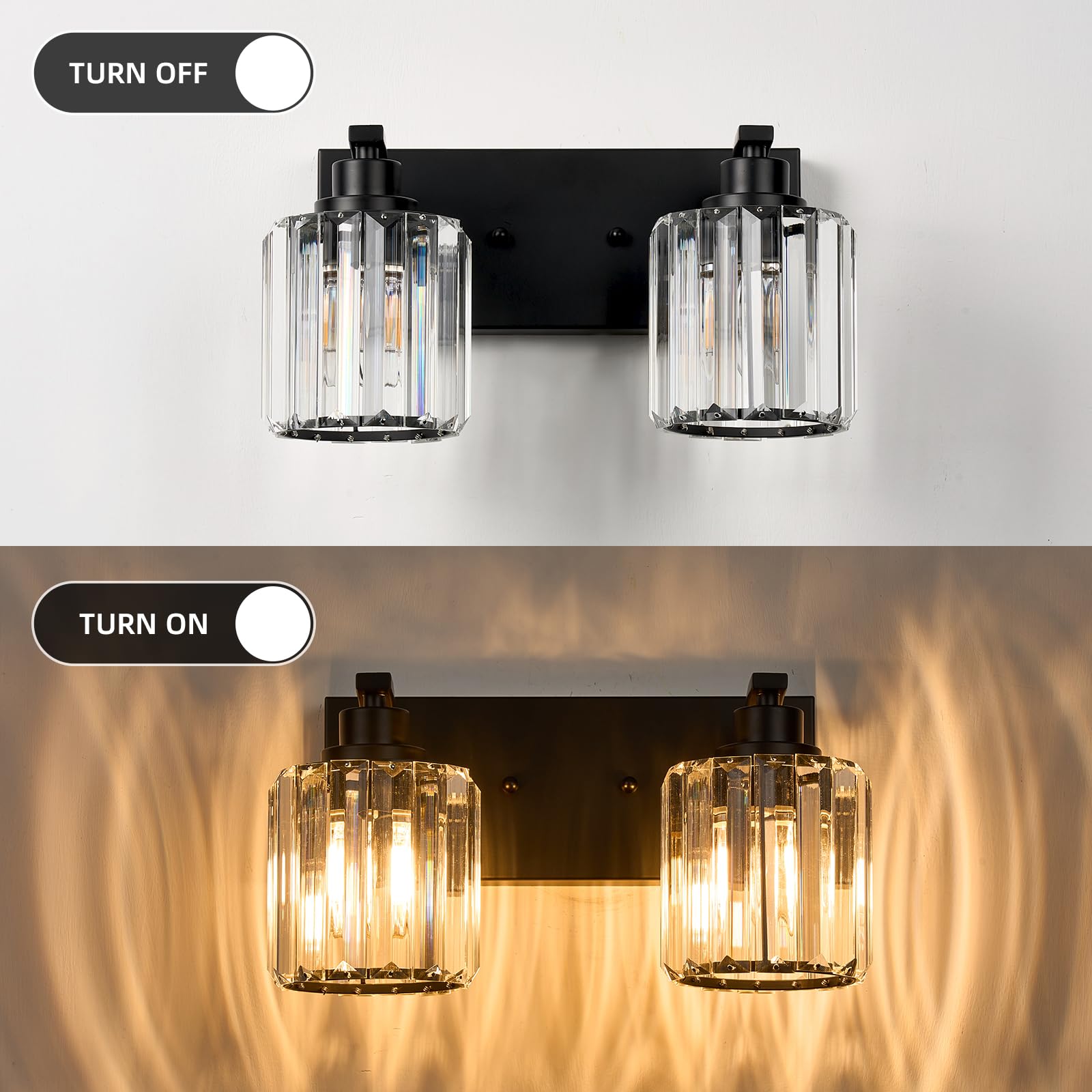 Haolaike 2-Lights Black Crystal Bathroom Vanity Light Fixture Over Mirror, Metal, Model 134384f2