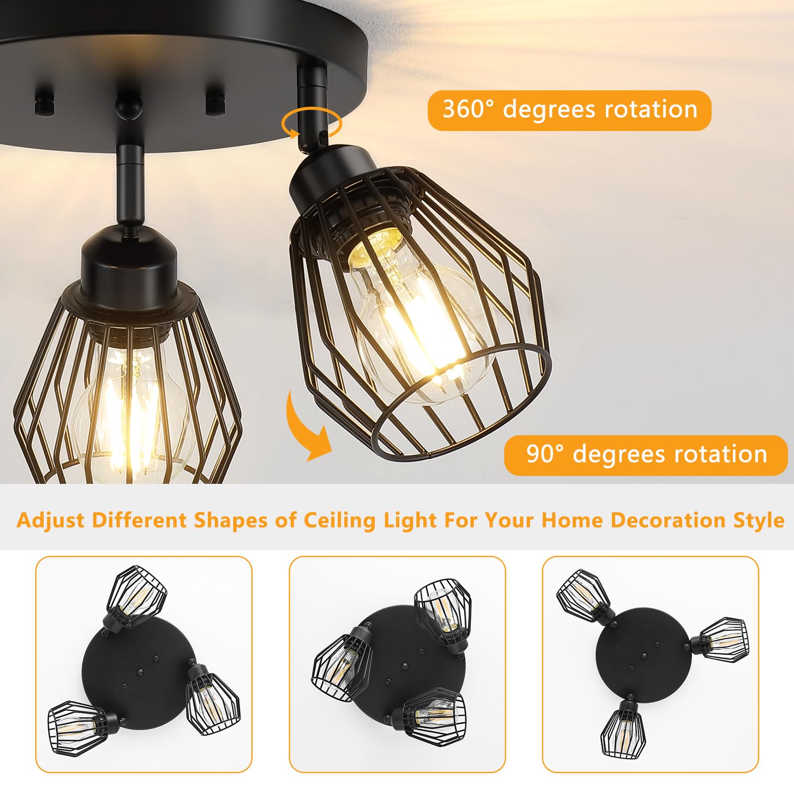 Baocuz 3-Light Adjustable Black Metal Cage Ceiling Light Fixture for Kitchen, Hallway, Dining Room