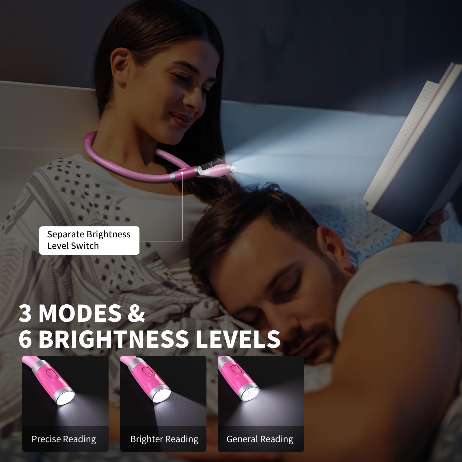 Luxjet Neck Reading Light & Book Light For Reading In Bed - Hands Free, 6 Brightness Levels, 360 Flexible Arms, 80-Hour Recharge