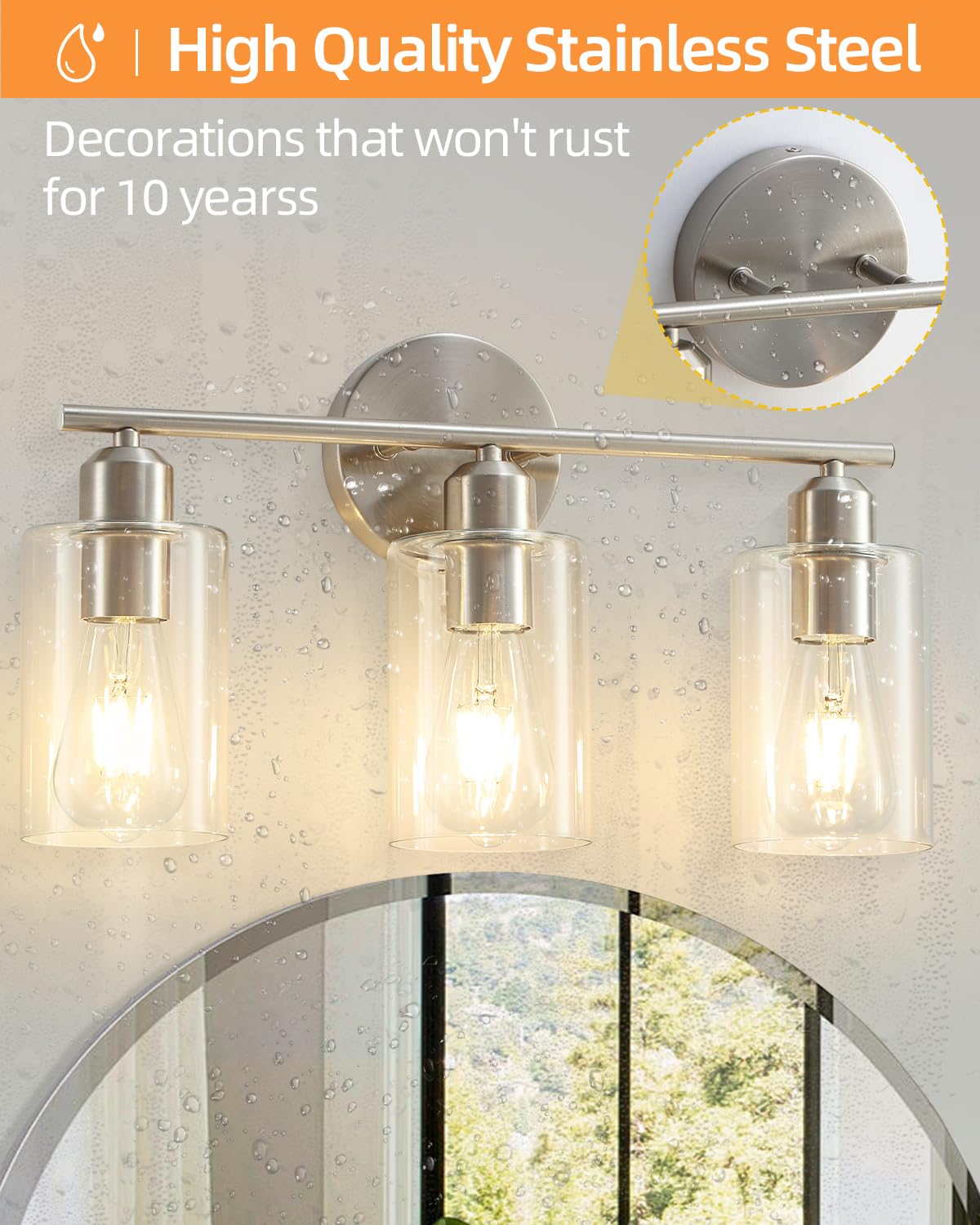 Seable 3-Light Brushed Nickel Bathroom Vanity Light Fixture With Clear Glass Shade