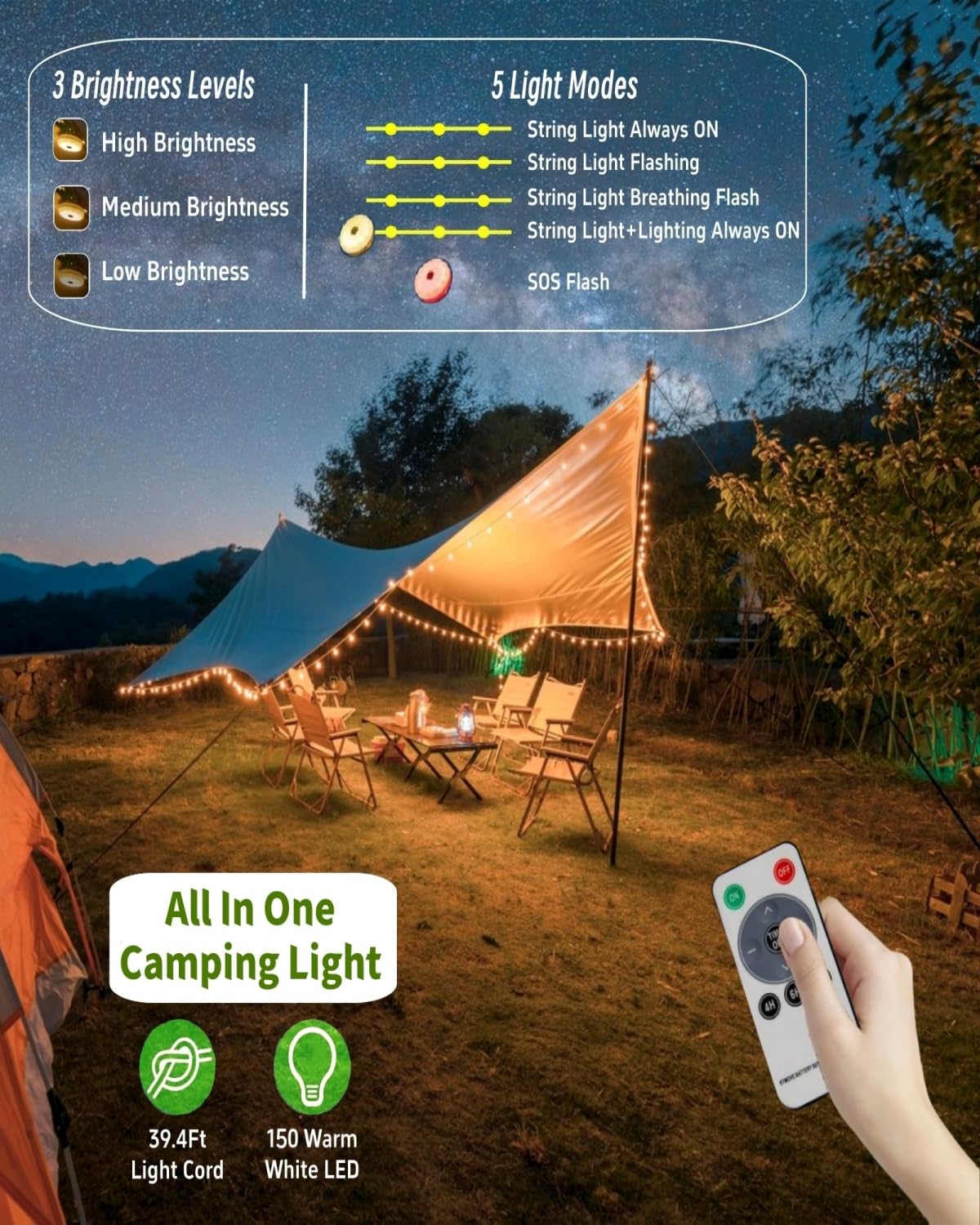 TuoPuLife Solar Camping String Lights, 4-in-1 Fairy Lights, 8 Lighting Modes, 39.4 FT, Rechargeable Tent Lantern