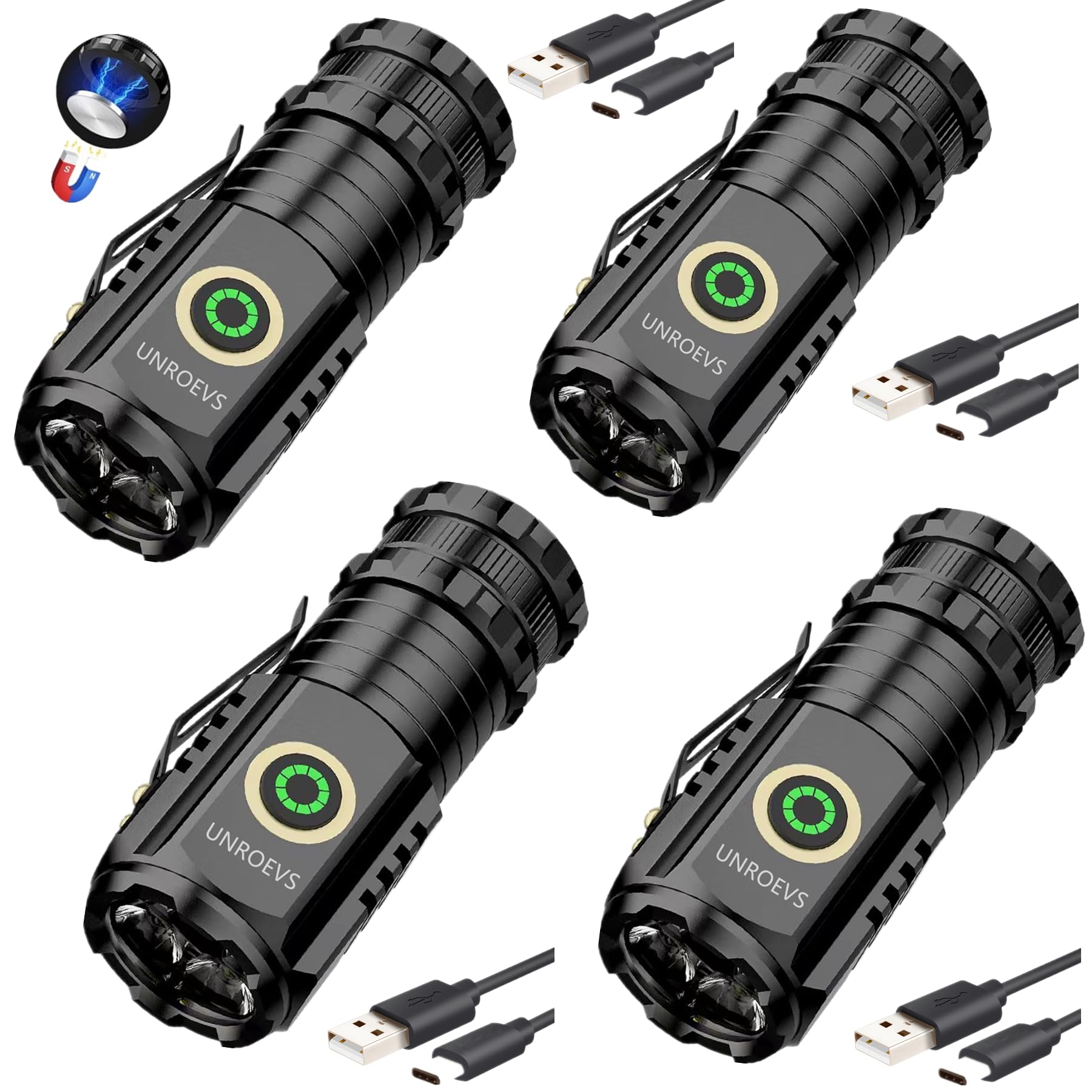 UNROEVS Mini Flashlight 2550 Lumens, Rechargeable USB C, 5 Modes, Aluminum, Black, Pocket Size, EDC (4 Pack)