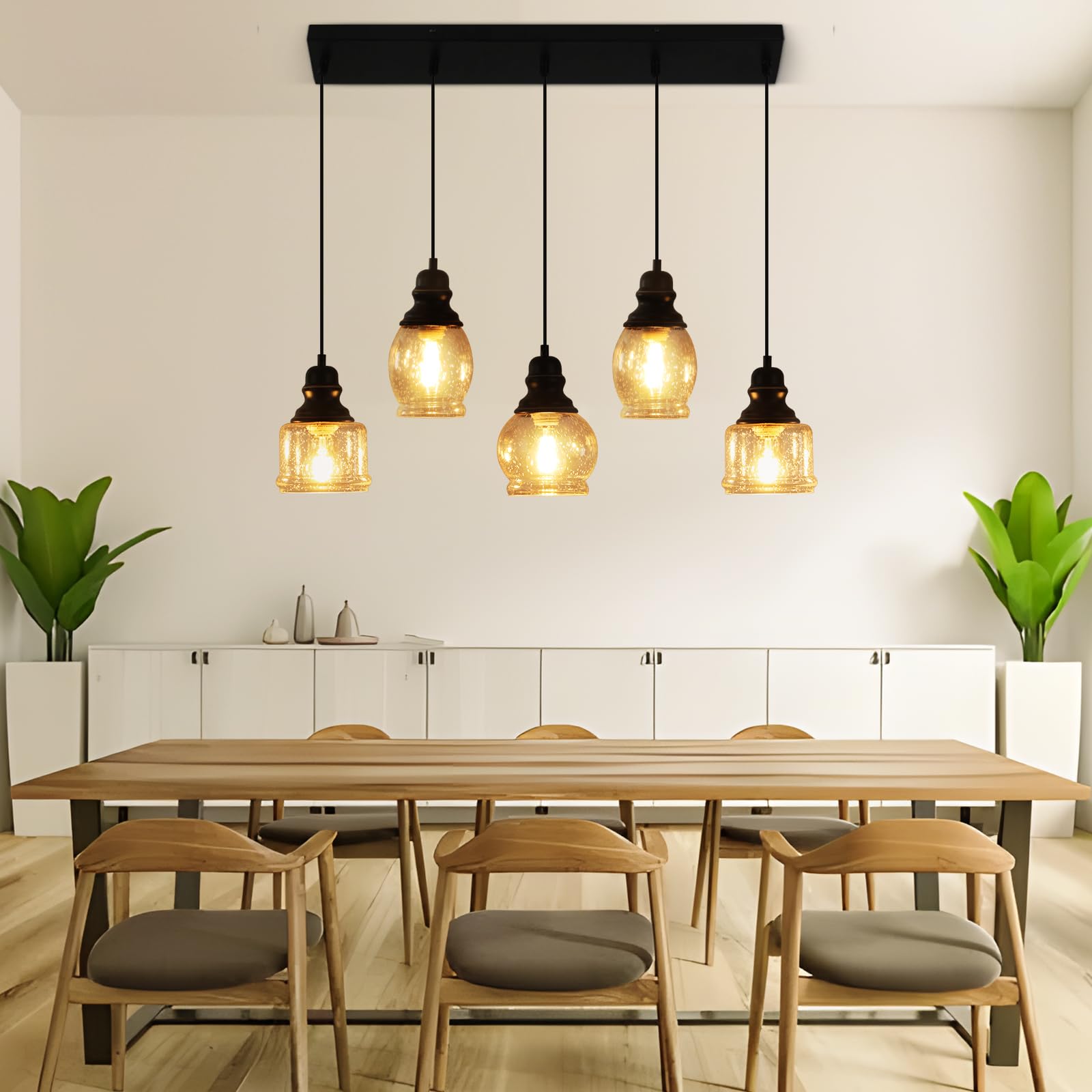 Wilon Pendant Lights Kitchen Island, 5-Light Dining Room Light Fixture With Seeded Glass Shade, Farmhouse Chandeliers For Dining