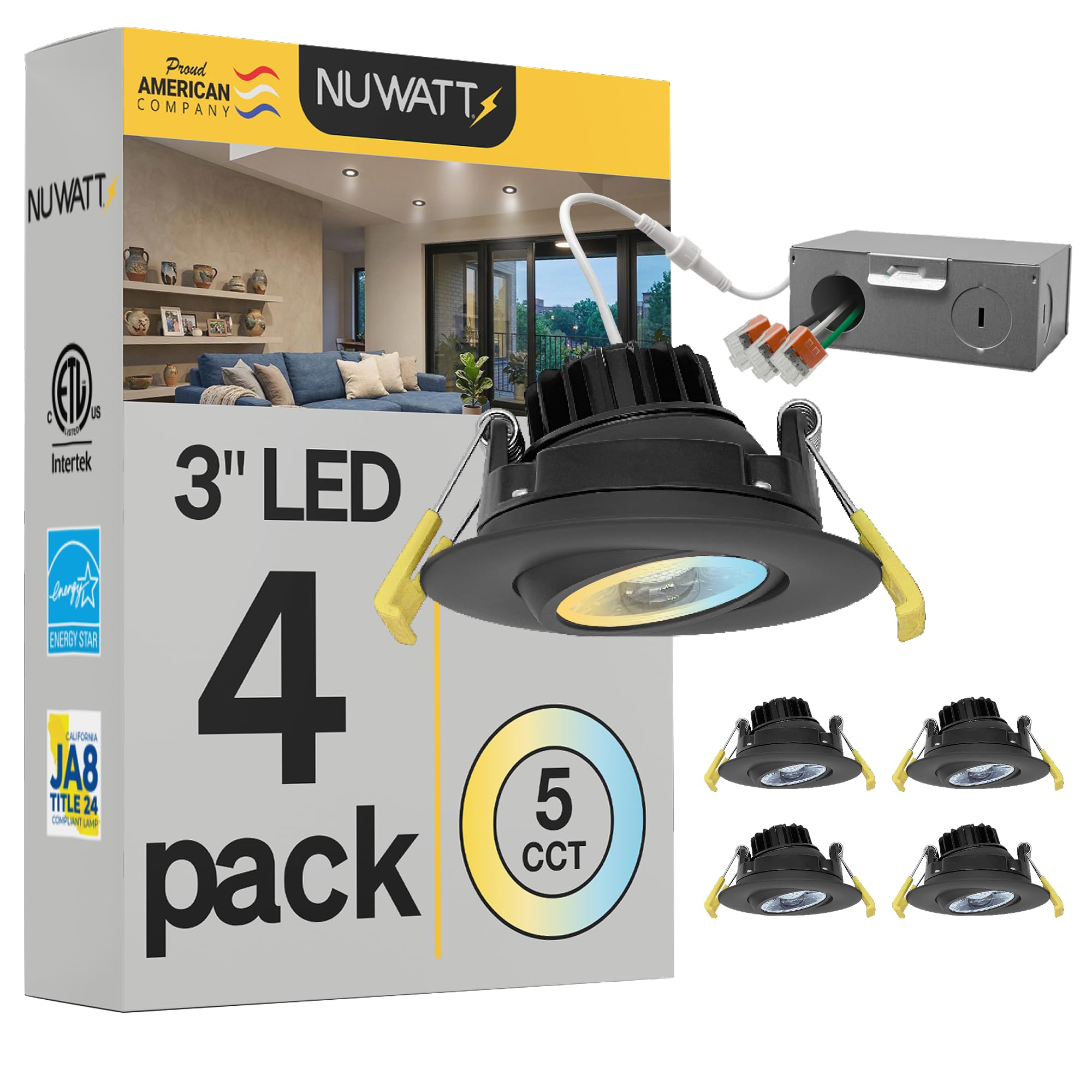 NUWATT Black 3 Inch LED Gimbal Recessed Lights, 5CCT 2700K/3000K/3500K/4000K/5000K Selectable 8W, 600 Lumens, IC Rated, Wet Rate