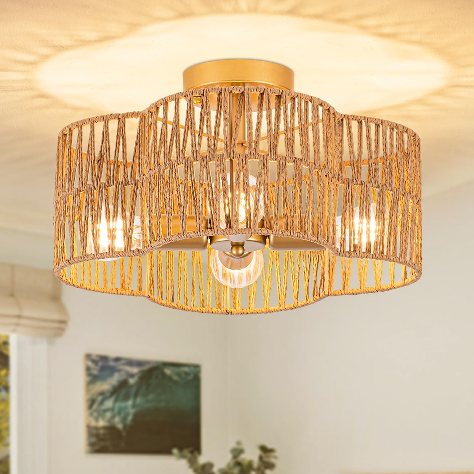 SYTPPLAN Rattan Light Fixtures Ceiling, 4-Lights Boho Semi Flush Mount Ceiling Light with Hand-Woven Shade, Wicker Light Fixture