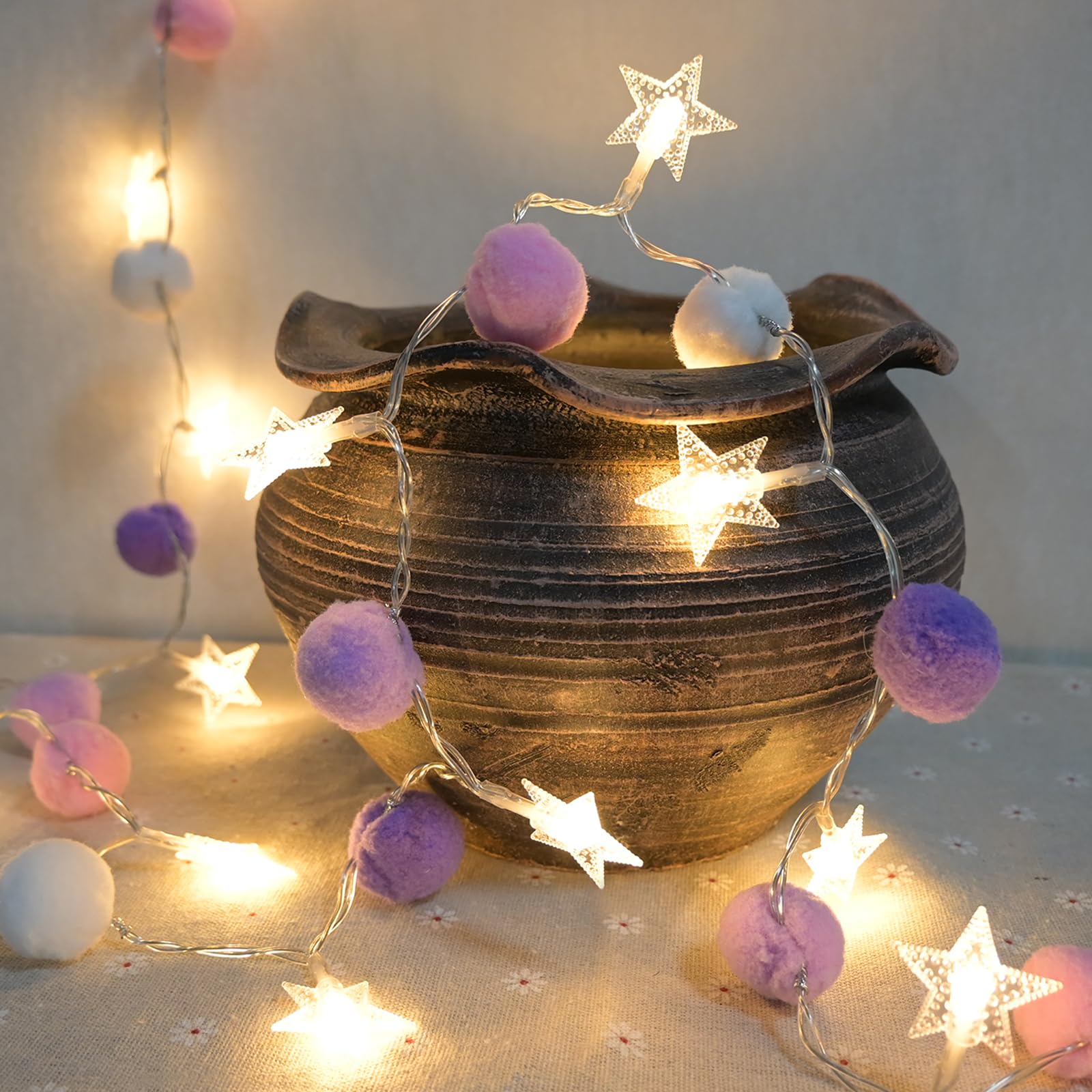 ChiRee Indoor String Lights, 20 LED Warm White Pom Poms, Battery Operated Fairy Lights, Colorful Decor for Home, Kids Playhouse, Model POM01