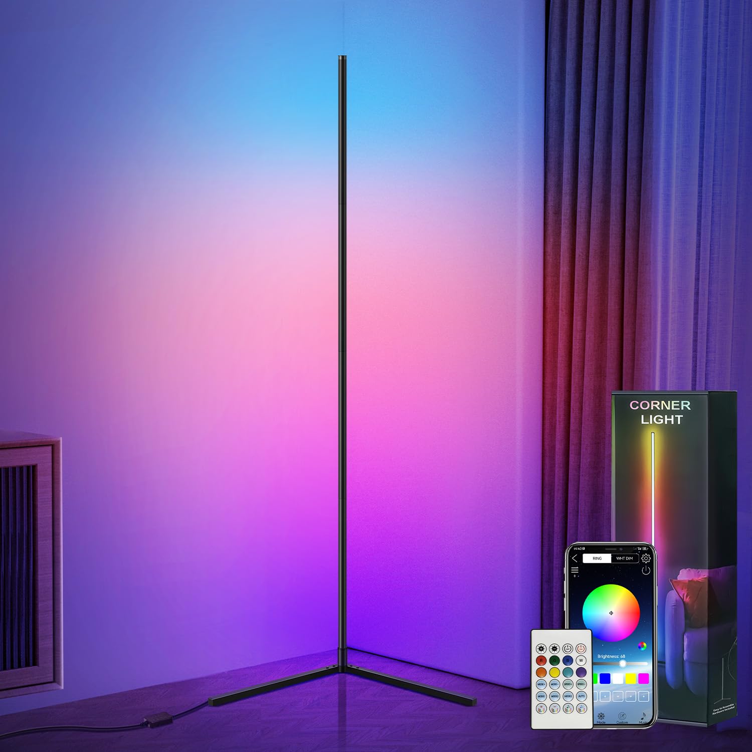 Corner Floor Lamp, Smart Adjust Rgb Led Lights With 20 Million Colors & 800+ Modes, Music Sync, Timer Setting, Bluetooth App & Remote Control – Ideal For Living Rooms, Bedrooms, And Gaming Rooms