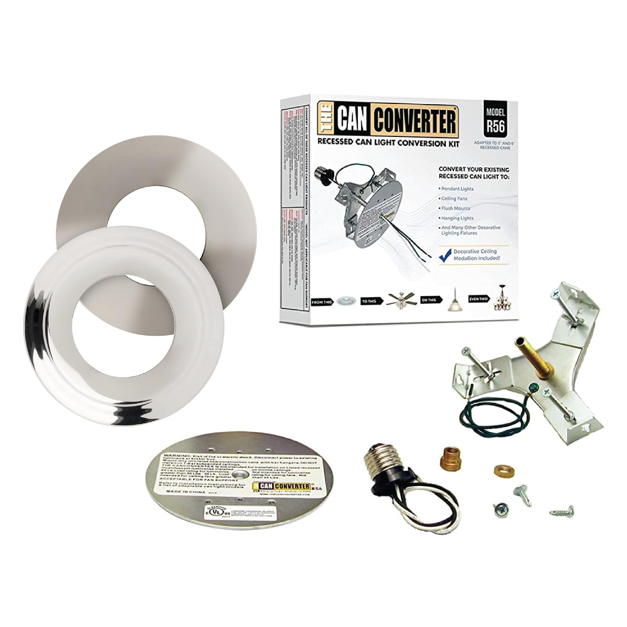 The Can Converter - R56, Complete Recessed Can Light Conversion Kit, For Ceiling Light Fixture, Pendant Light, Hanging Light, Ceiling Fan, 7¾ Beveled & Flat, Steel, Ceiling Medallion, Polished Chrome
