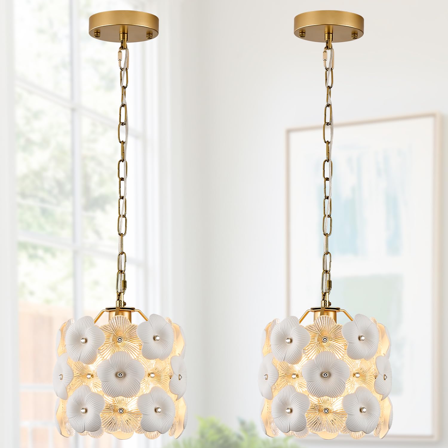Poemoon Modern Flower Small Pendant Lighting 2-Pack Gold Glass Pendant Light With White Ceramic Flowers 1-Light For Kitchen Isla