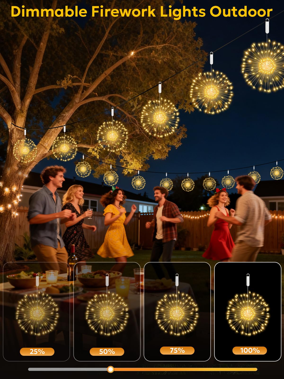 FOOING LED Firework Lights, 4 Pack USB Rechargeable Fairy Lights, 8 Modes, White, Model LH-CD-USB-YHD-004