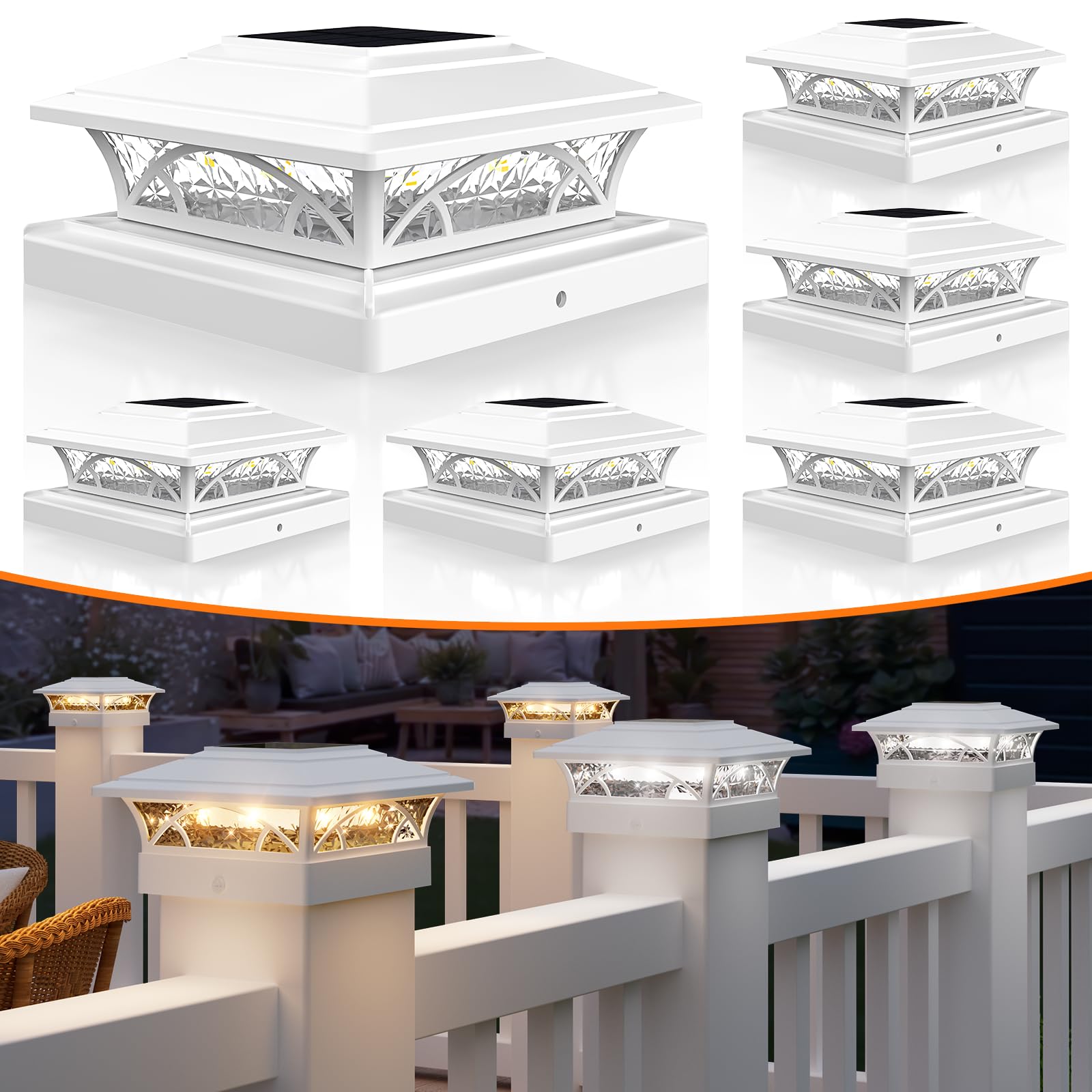 APONUO Solar Post Cap Lights 6 Pack, IP65 Waterproof, Auto On/Off, 2-Mode for 4x4 6x6 Posts, White, Model TZ21