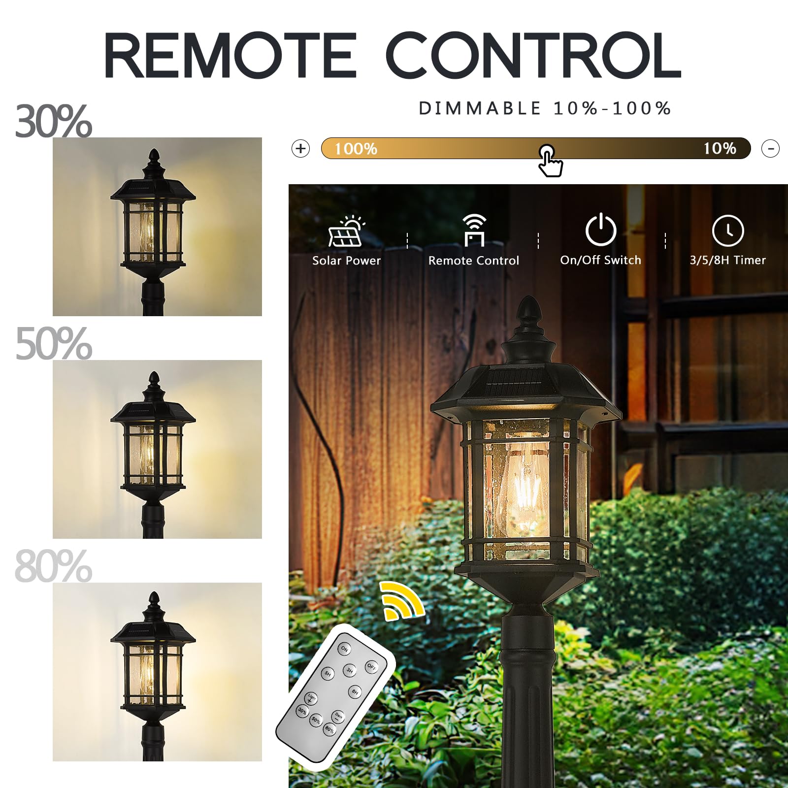 Emliviar Solar Powered Post Light - 40.9 Inch LED Pathway Light with Remote Control, Black Aluminum, Model 2084PL-SL BK, Dusk to Dawn