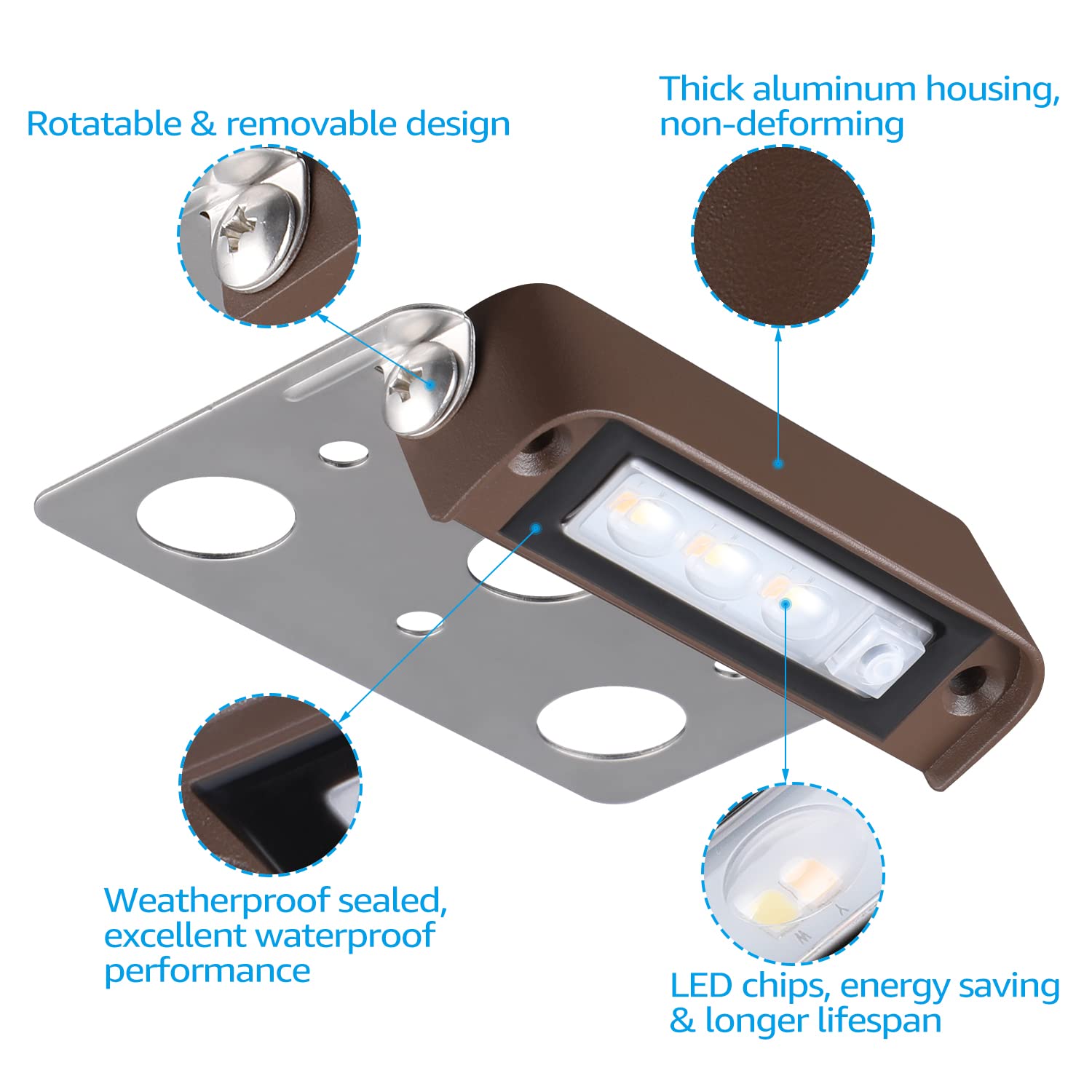 LEONLITE 5CCT 4 Inch LED Retaining Wall Lights, Swivel, Aluminum, Model 53241, Low Voltage 12V Outdoor Step Light