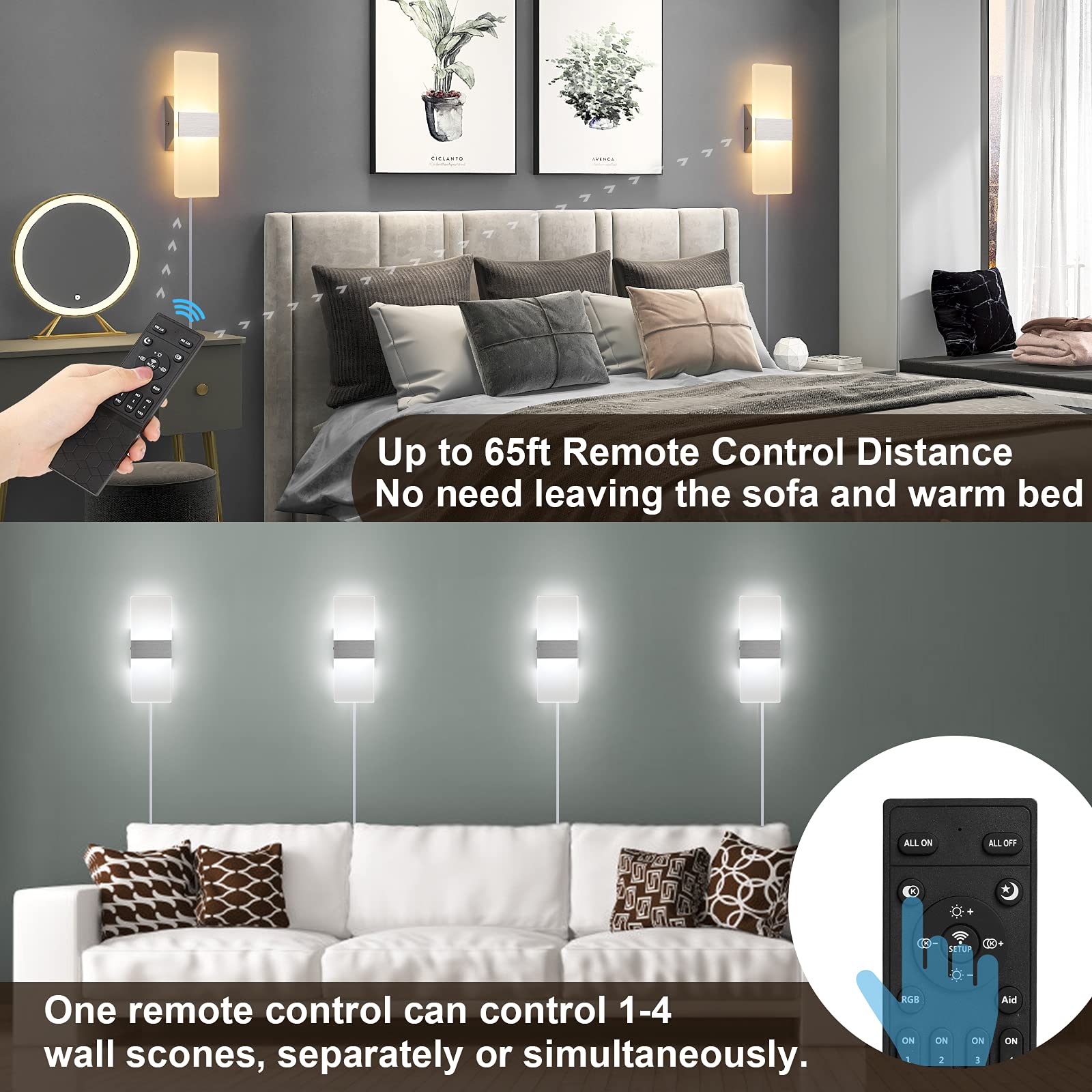 GOODATE Plug-in Wall Sconces, 12W LED, Adjustable 3000K-6500K, 2 Pack, Acrylic, Silver