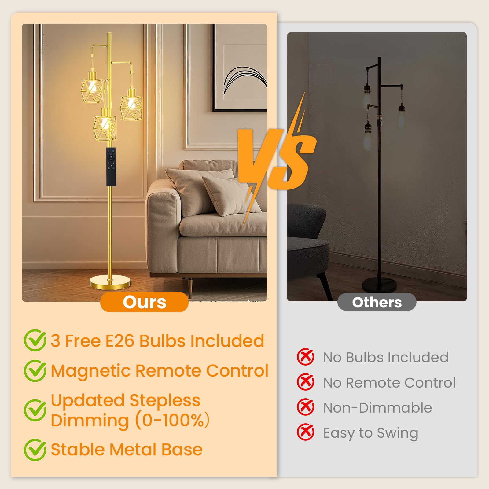 Dimmable Industrial Floor Lamp - 3  9W/800Lm Bulbs Included And 4 Working Modes Led Gold Floor Lamp, Bright Tree Floor Lamps Tal
