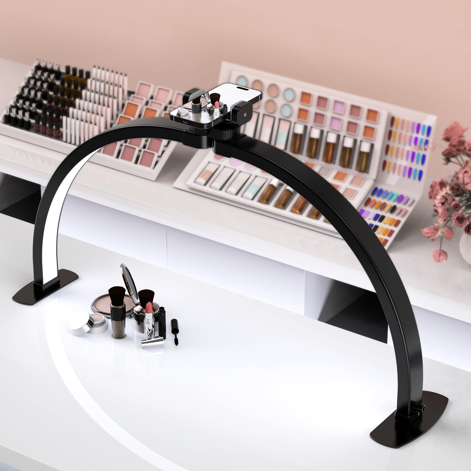 SLYFTE Half Moon LED Light for Nail Desk, Foldable, Phone Holder, Aluminum, Large, Black, Model S2