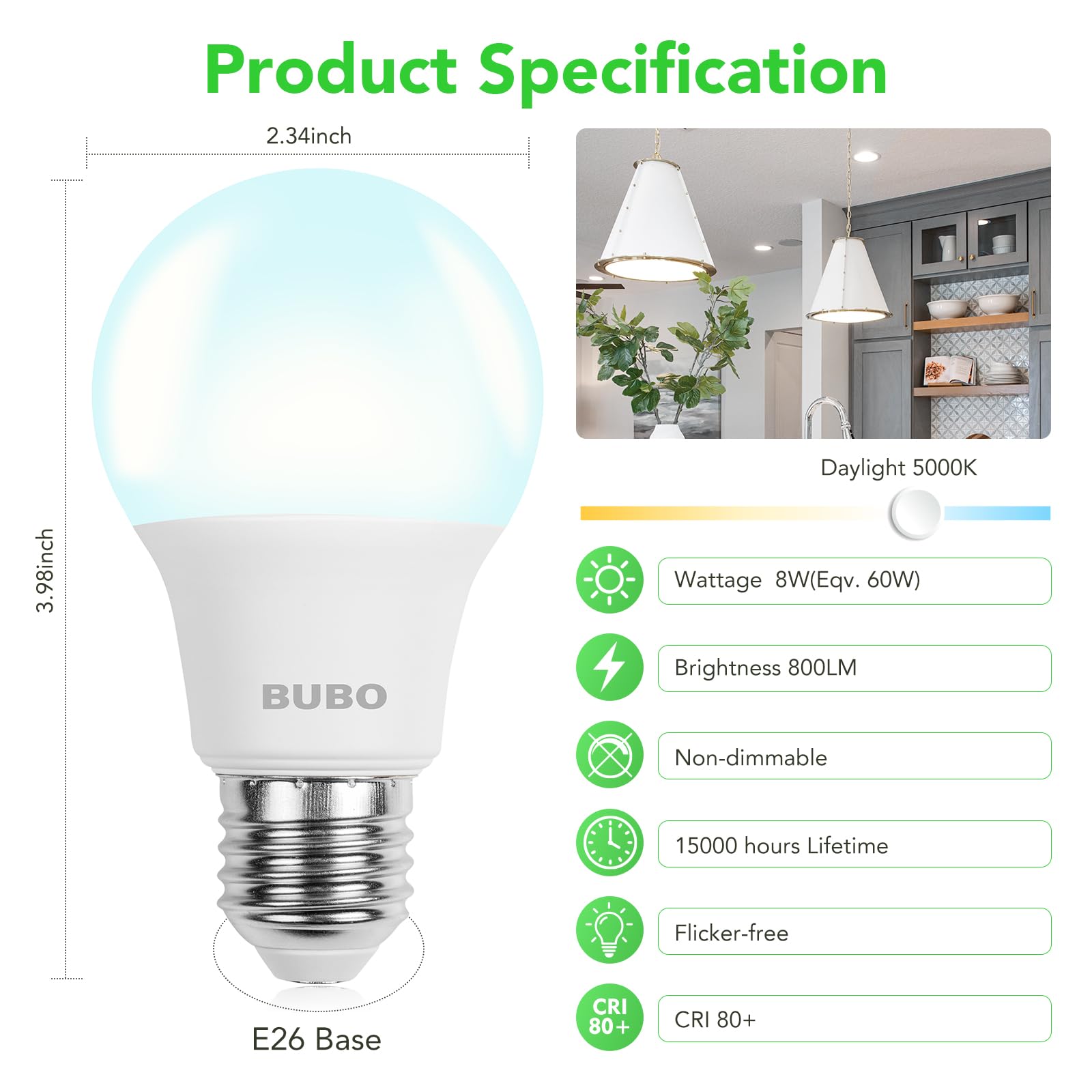 BUBO A19 LED Light Bulbs, 60W Equivalent, Daylight 5000K, 800 Lumens, E26 Base, Non-Dimmable, 3 Pack