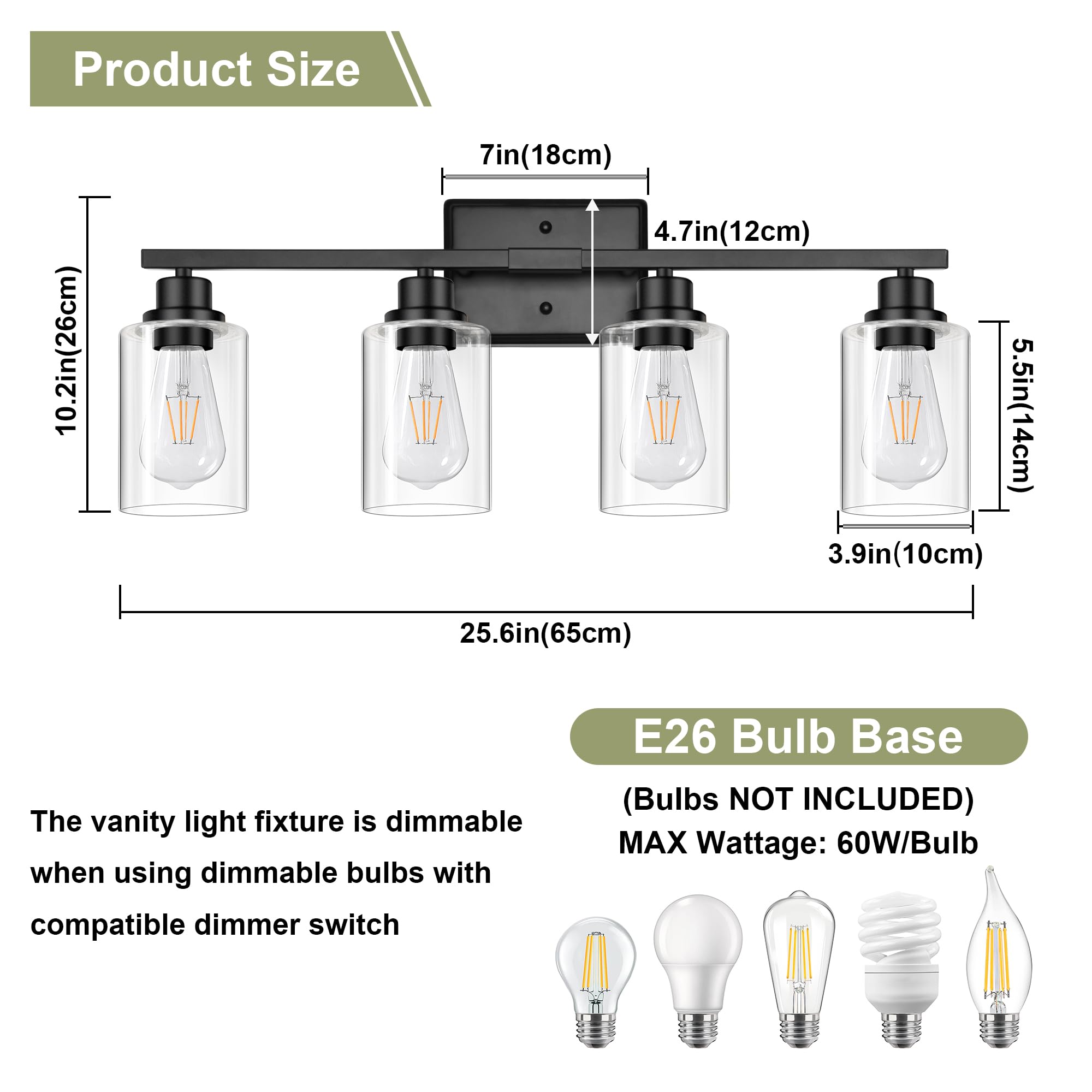Unicozin 4 Light Vanity Bathroom Light Fixtures, Black Metal Wall Lamp with Clear Glass for Living Room, Bedroom, Porch