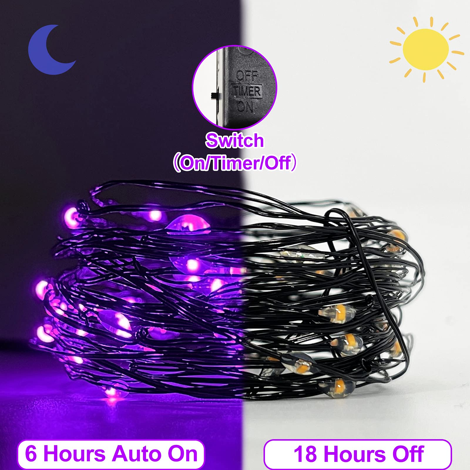 Turnmeon 3 Set Halloween String Lights With Timer, Purple Battery Powered Copper Wire Fairy Lights, Halloween Decoration Outside Yard Party Home Indoor Outdoor, 10 Ft 30 Led Each