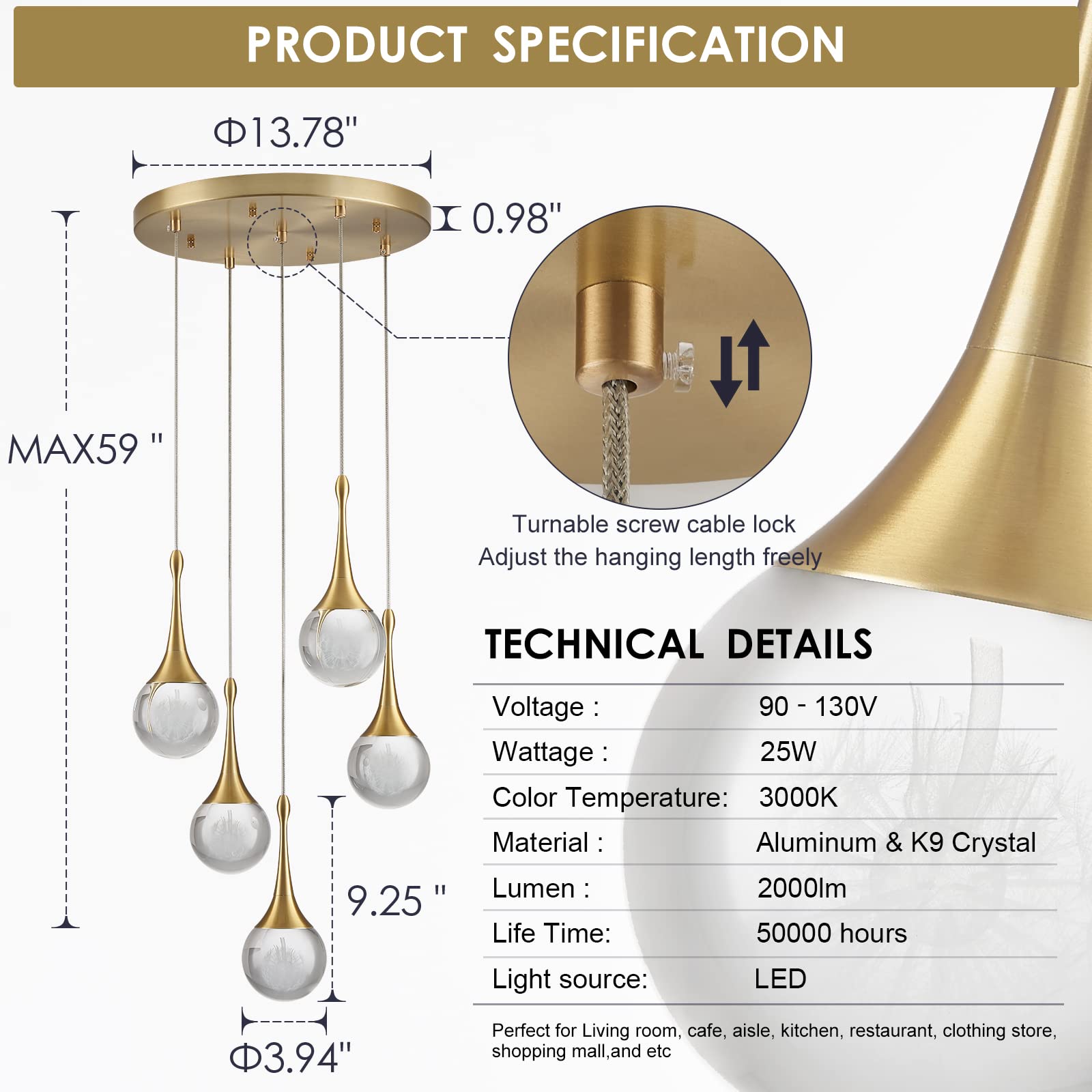 Airyphant 5 Lights Crystal Pendant Light, 25W Gold Dimmable Led Teardrop Cluster Pendant Lighting Fixture For Dining Room Kitche